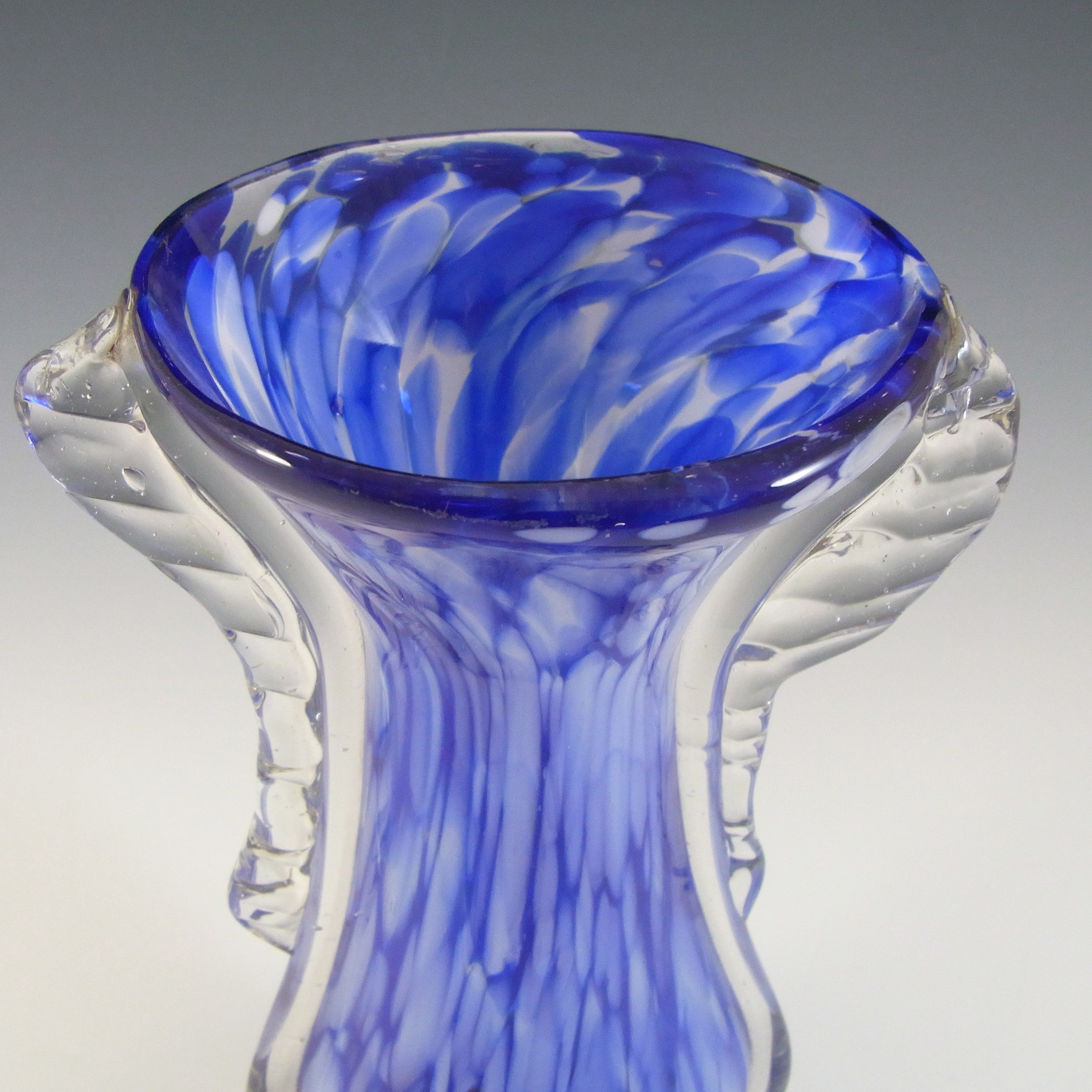 (image for) Romanian Retro Blue & White Speckled Glass Vase - Click Image to Close