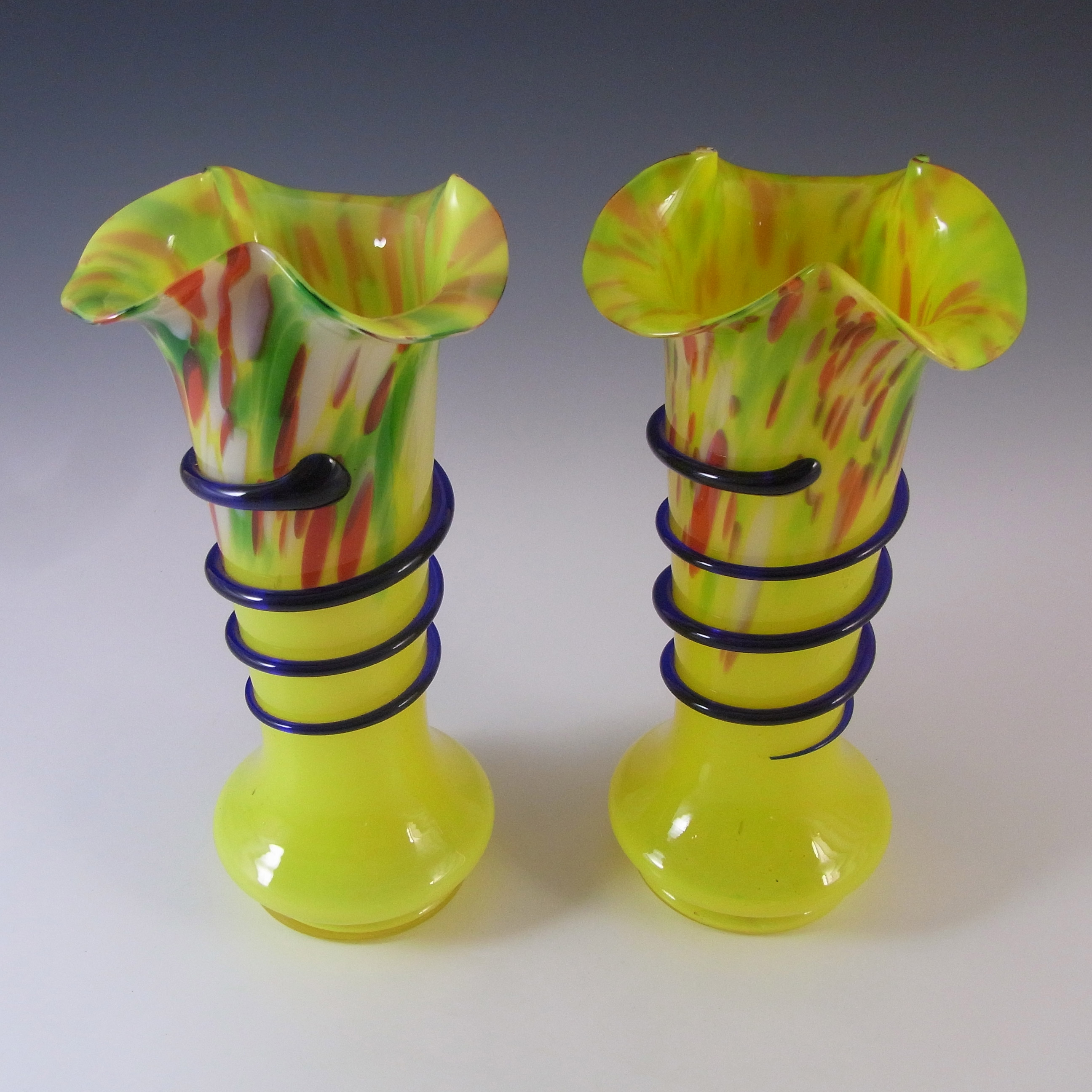 Pair of Czech 1930's Multicoloured Spatter/Splatter Glass Vases - Click Image to Close