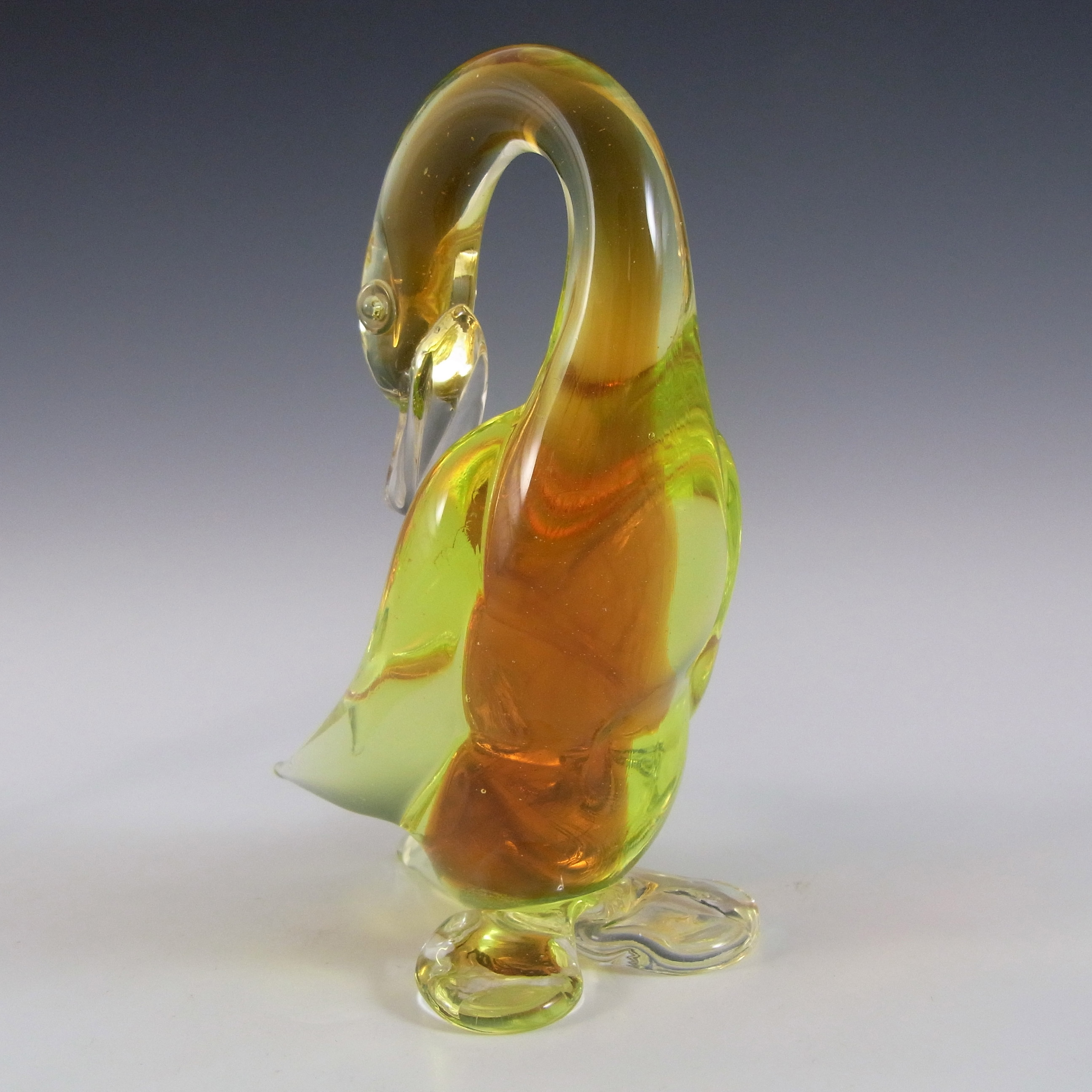 Murano Amber & Uranium Yellow Sommerso Glass Swan Figurine - Click Image to Close