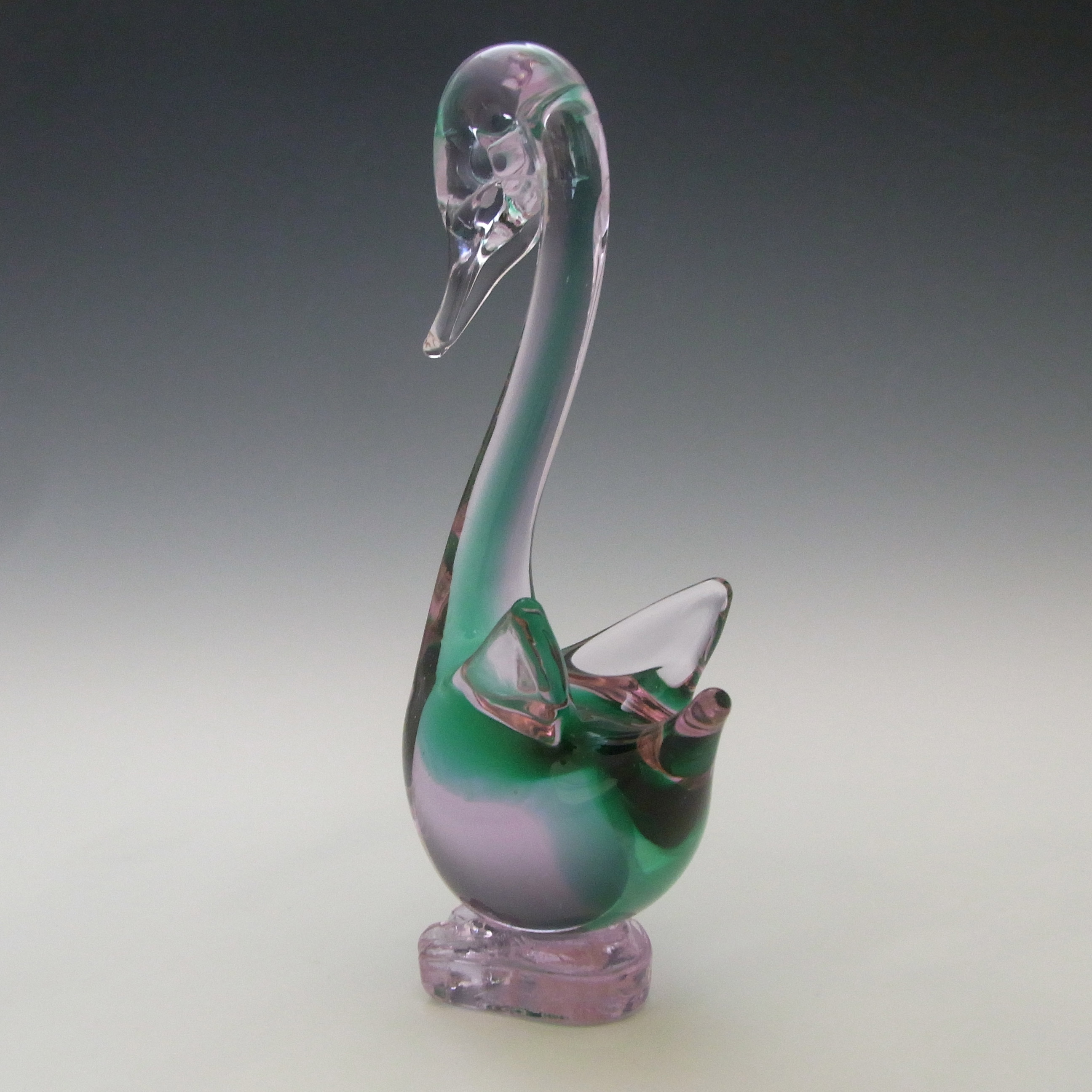 Murano Green & Lilac / Blue Neodymium Sommerso Glass Swan Figurine - Click Image to Close