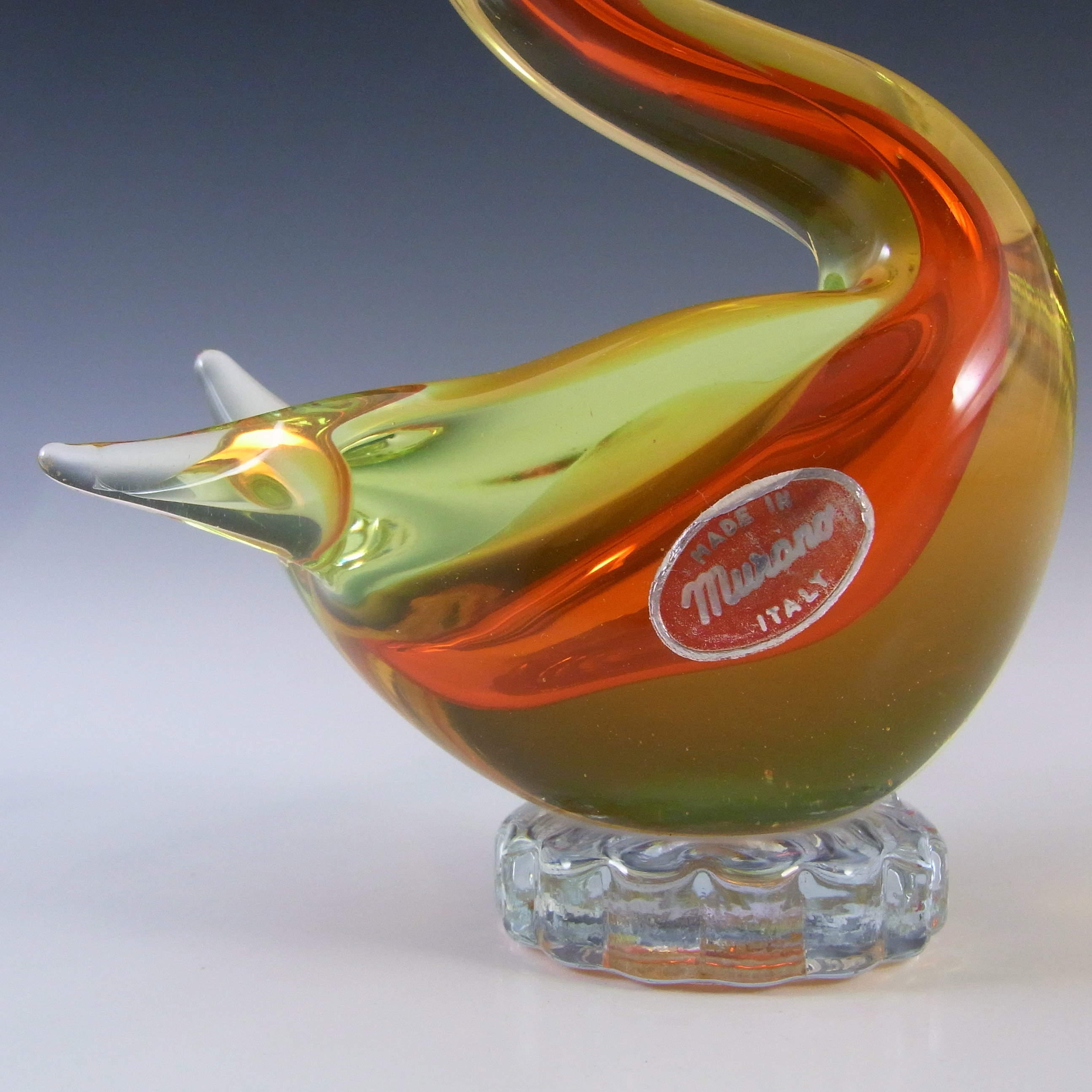 Murano Red, Amber & Uranium Green Sommerso Glass Swan Figurine - Click Image to Close