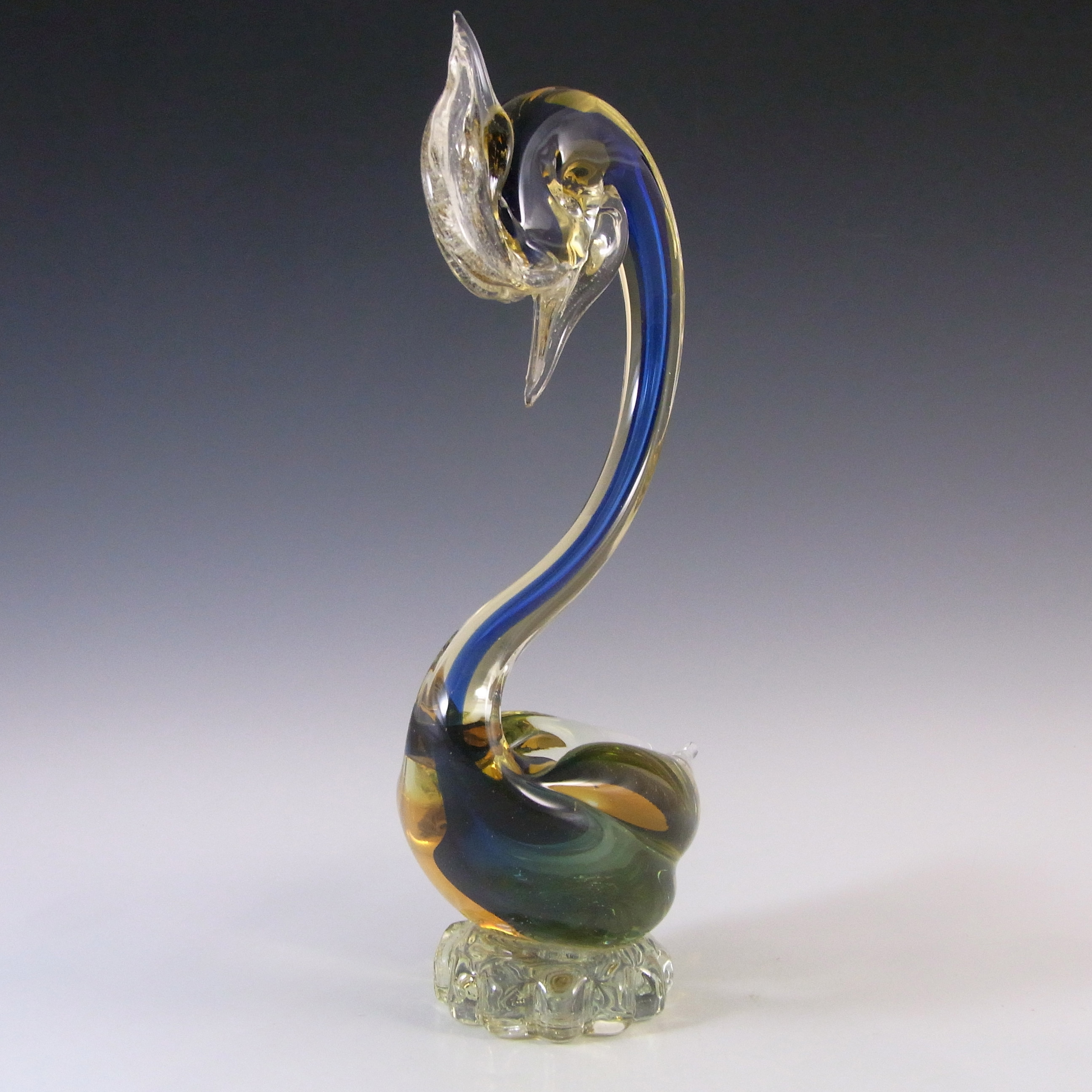 (image for) Murano Blue & Amber Sommerso Glass Swan Figurine - Click Image to Close