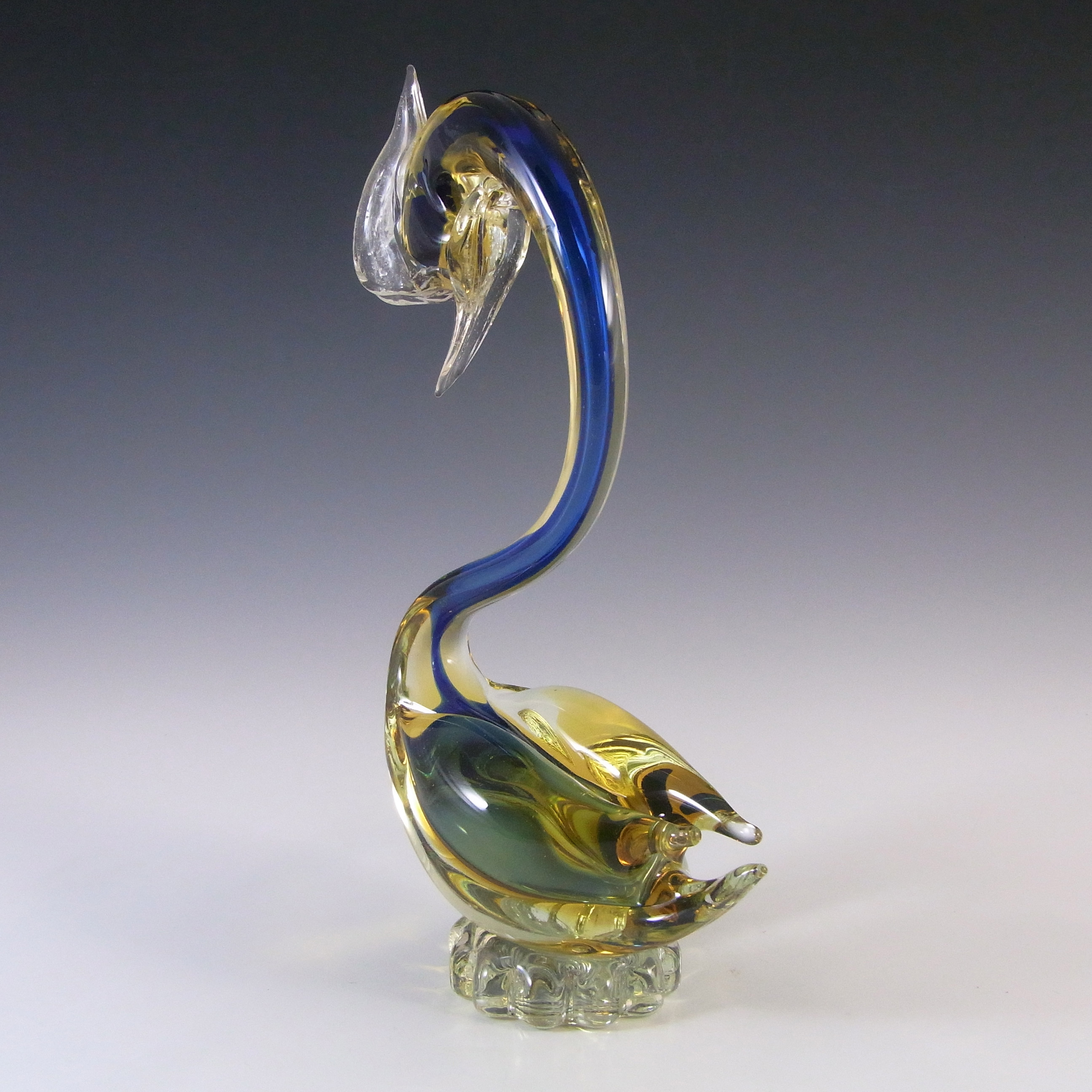(image for) Murano Blue & Amber Sommerso Glass Swan Figurine - Click Image to Close