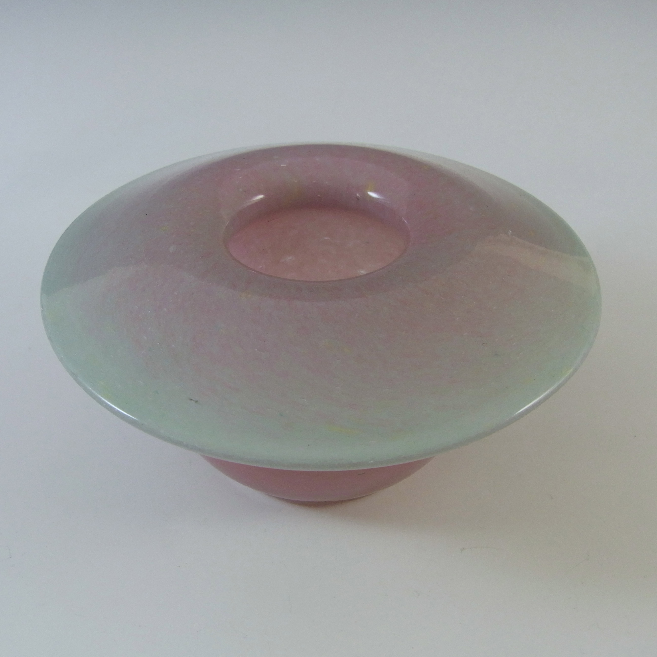 (image for) SIGNED Vasart Pink & Green Mottled Glass Posy Vase/Bowl V003 - Click Image to Close