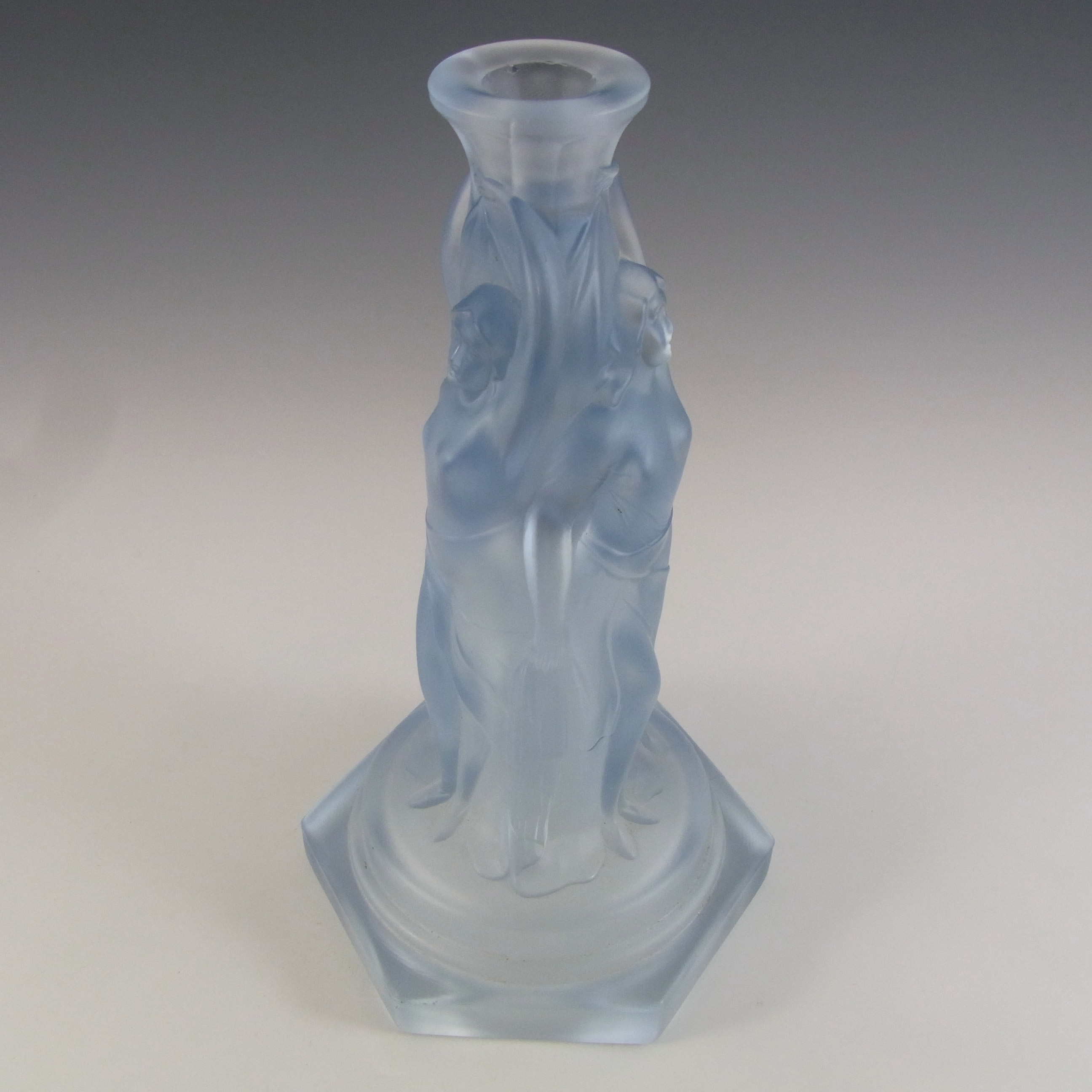 Walther & Söhne Art Deco Blue Glass Three Graces Candlestick - Click Image to Close