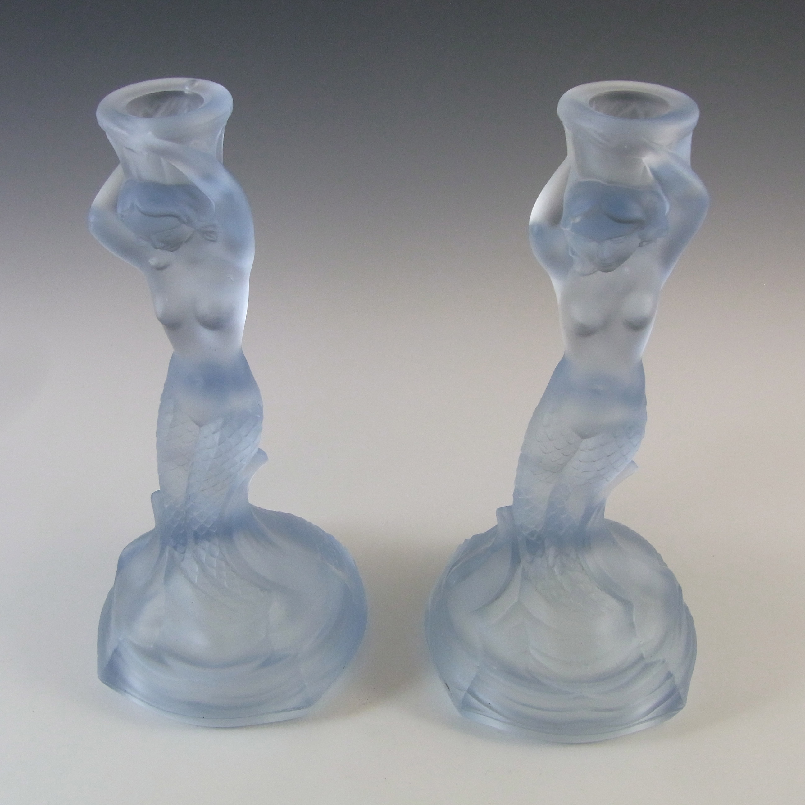 (image for) Walther & Söhne Art Deco Blue Glass 'Nymphen' Mermaid Candlesticks - Click Image to Close