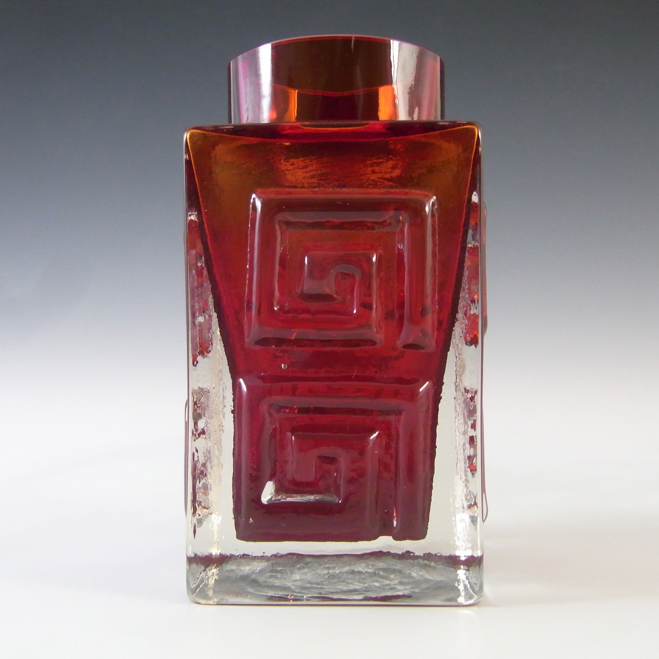 (image for) Whitefriars #9815 Baxter Ruby Red Glass Greek Key Vase - Click Image to Close