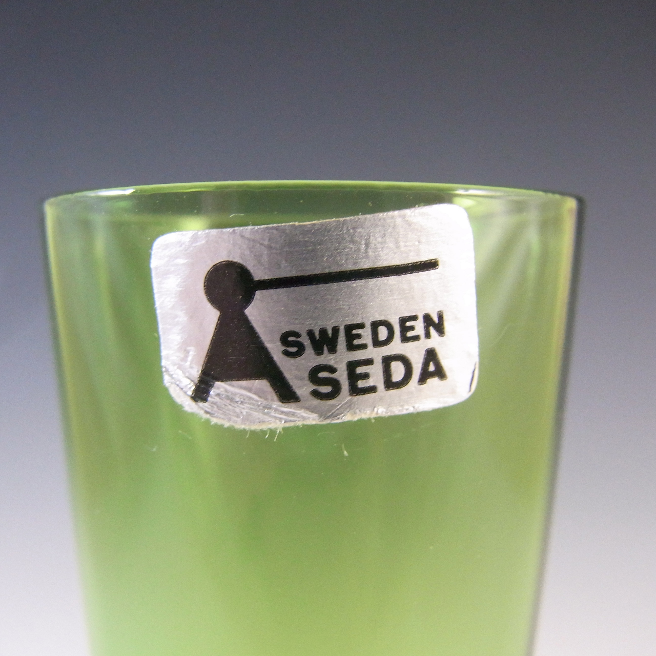(image for) LABELLED Aseda Swedish Vintage Green Glass Stem Vase - Click Image to Close