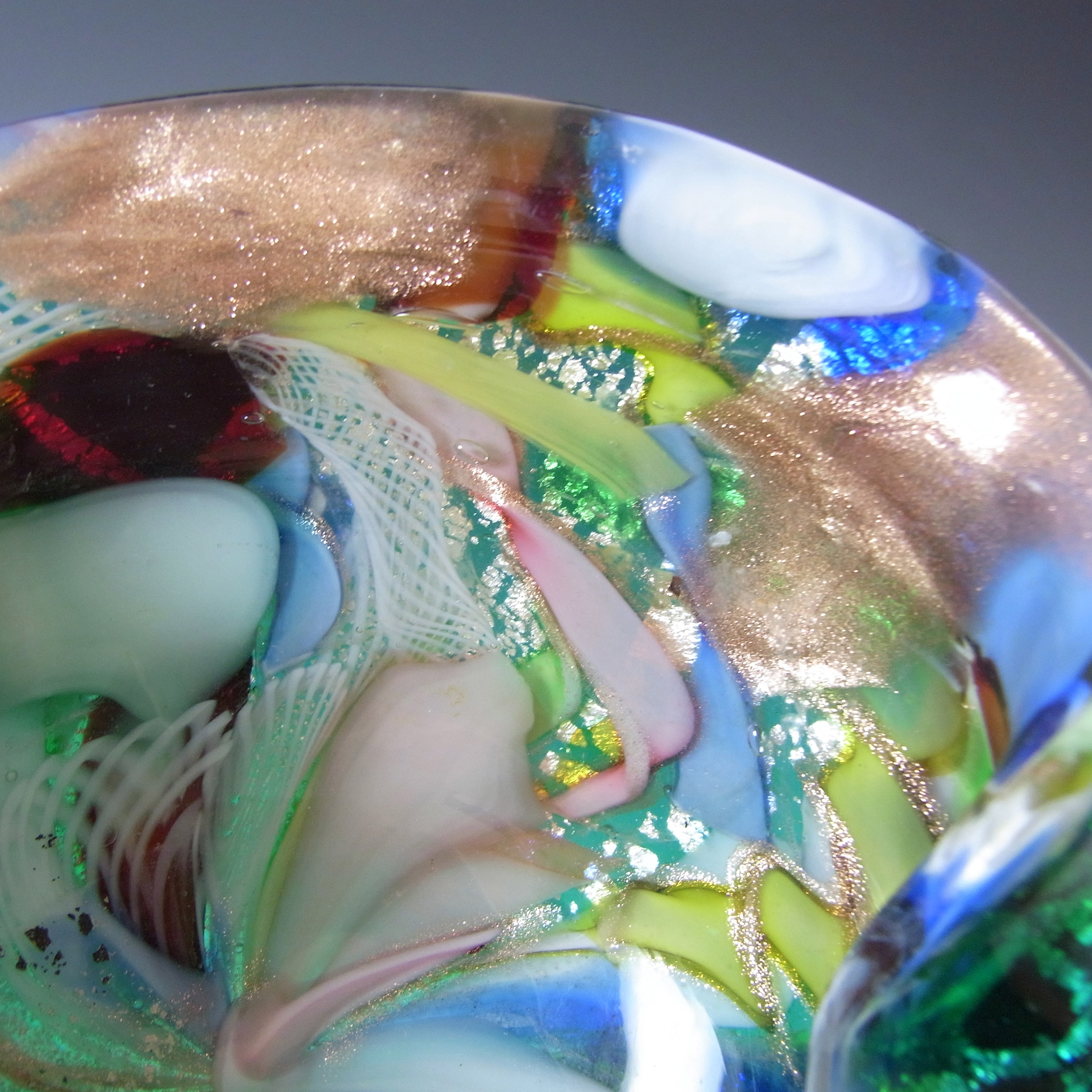 AVEM Murano Zanfirico Bizantino / Tutti Frutti Green Glass Oval Bowl - Click Image to Close