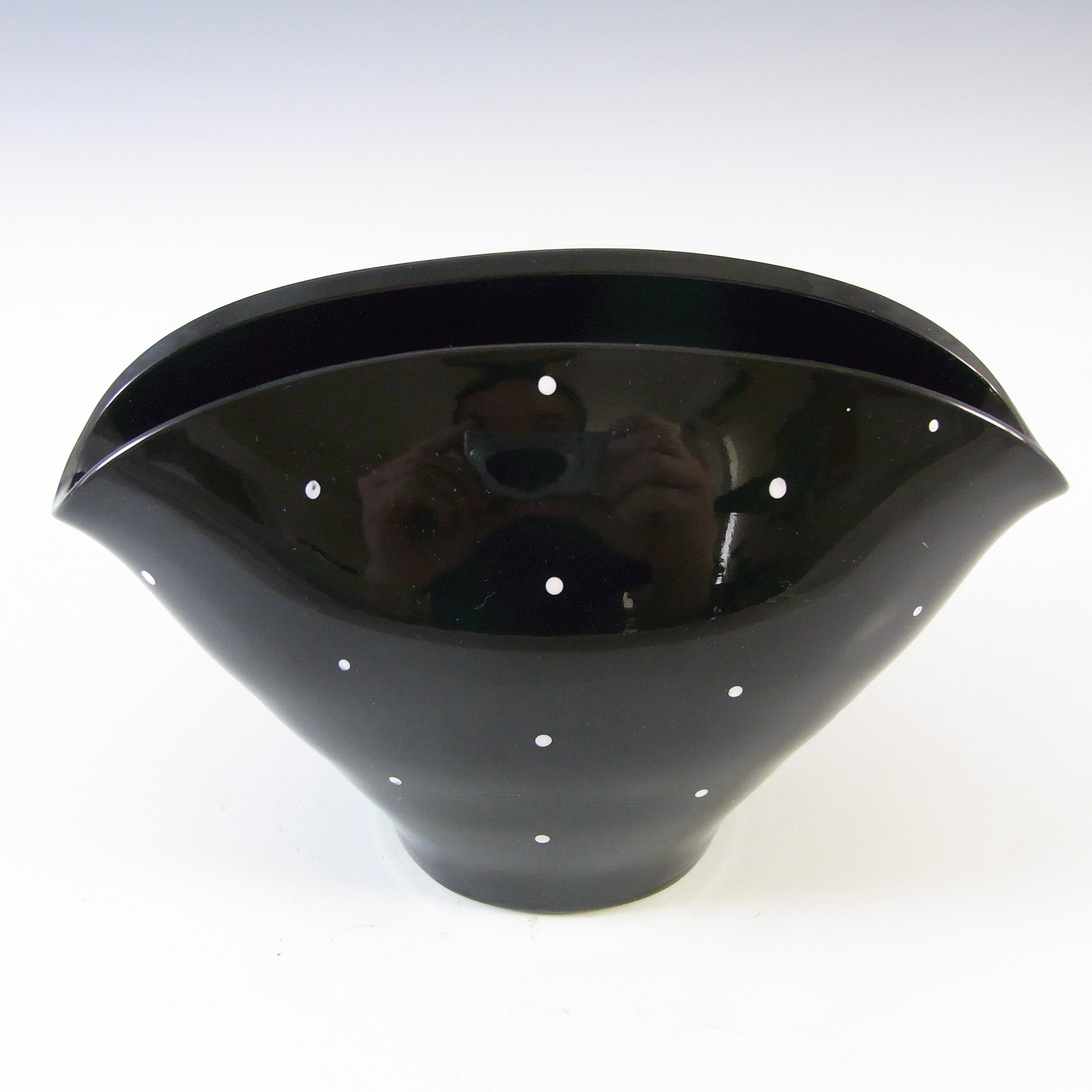 (image for) Bagley #3217 Art Deco Polkadot Black Glass 'Fantail' Posy Vase - Click Image to Close