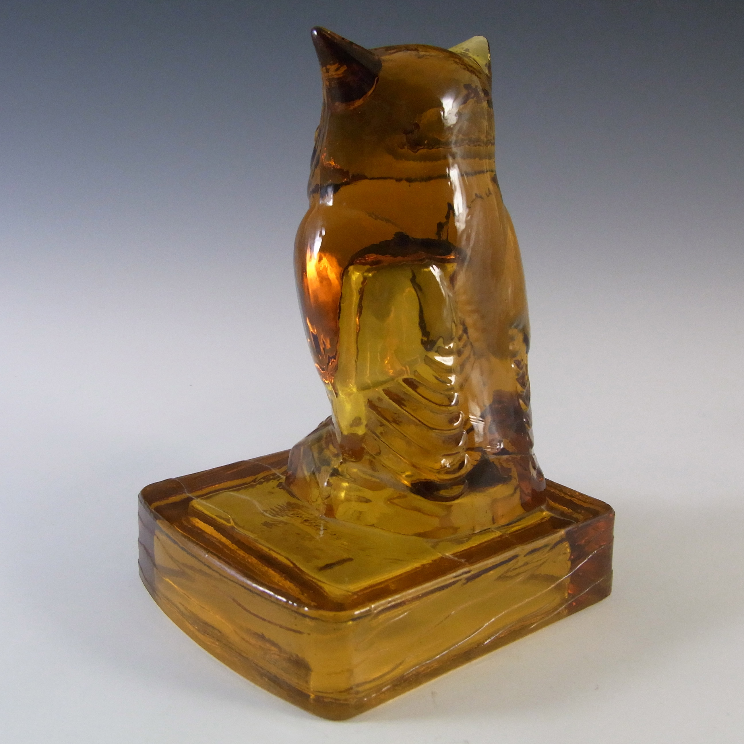 (image for) RARE Bagley Art Deco Amber Glass Owl Bookend / Book End - Click Image to Close