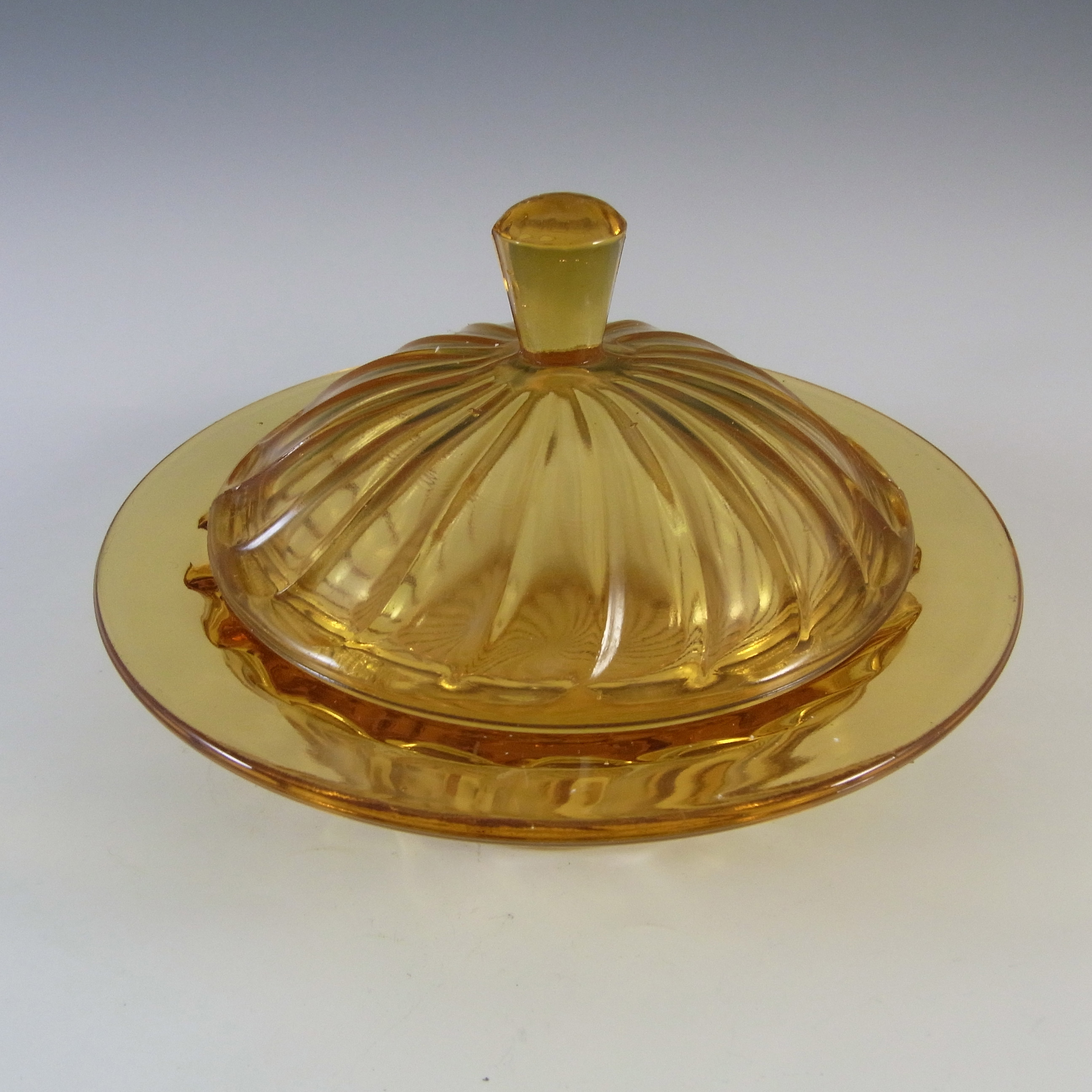 Bagley #3141 Art Deco Amber Glass Carnival Butter Dish - Click Image to Close