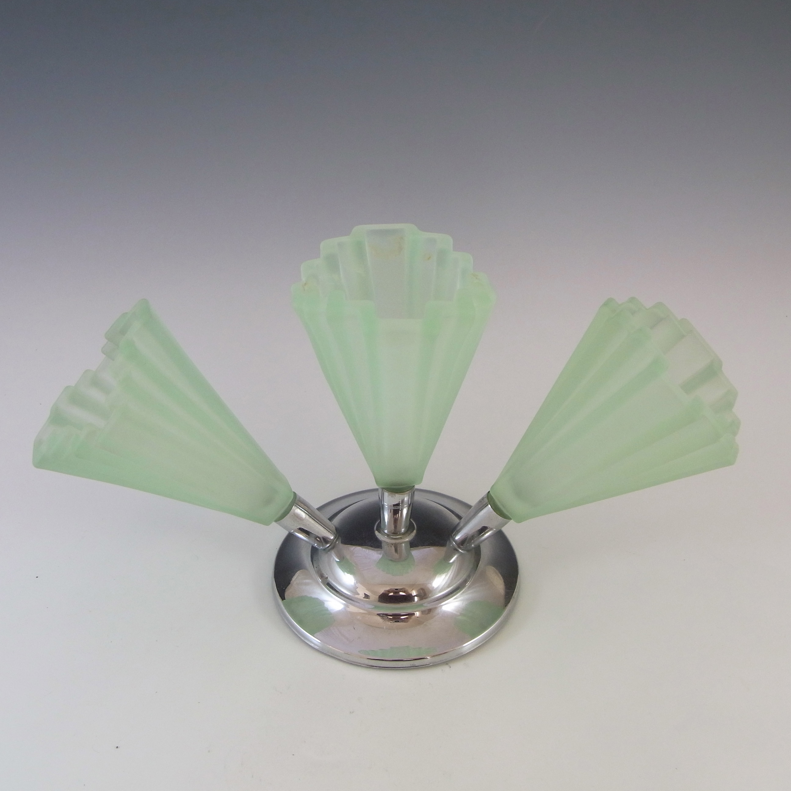 Bagley Art Deco Green Glass & Chrome Grantham Epergne / Vase - Click Image to Close