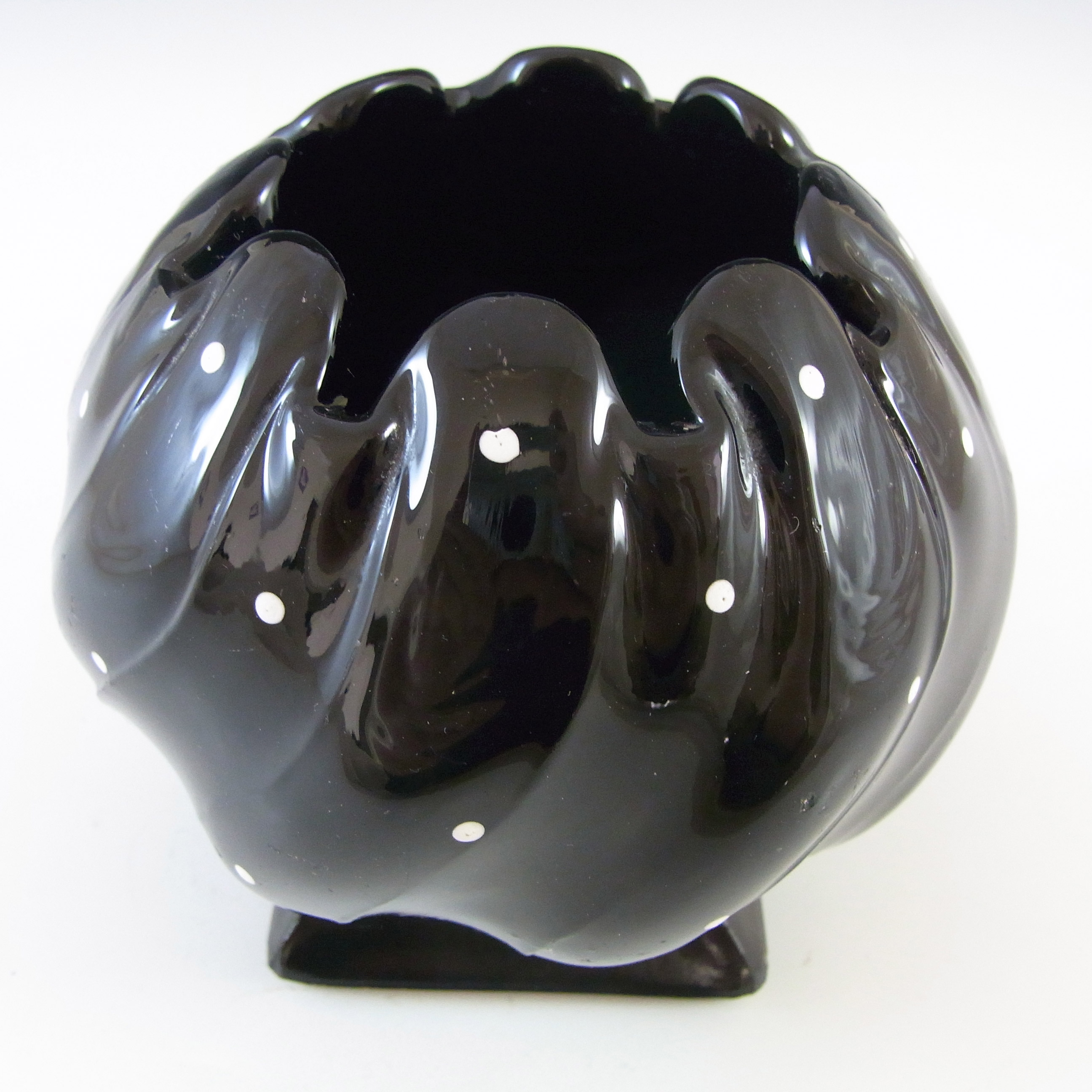 Bagley #3061 Art Deco Polkadot Black Glass 'Equinox' Posy Vase - Click Image to Close