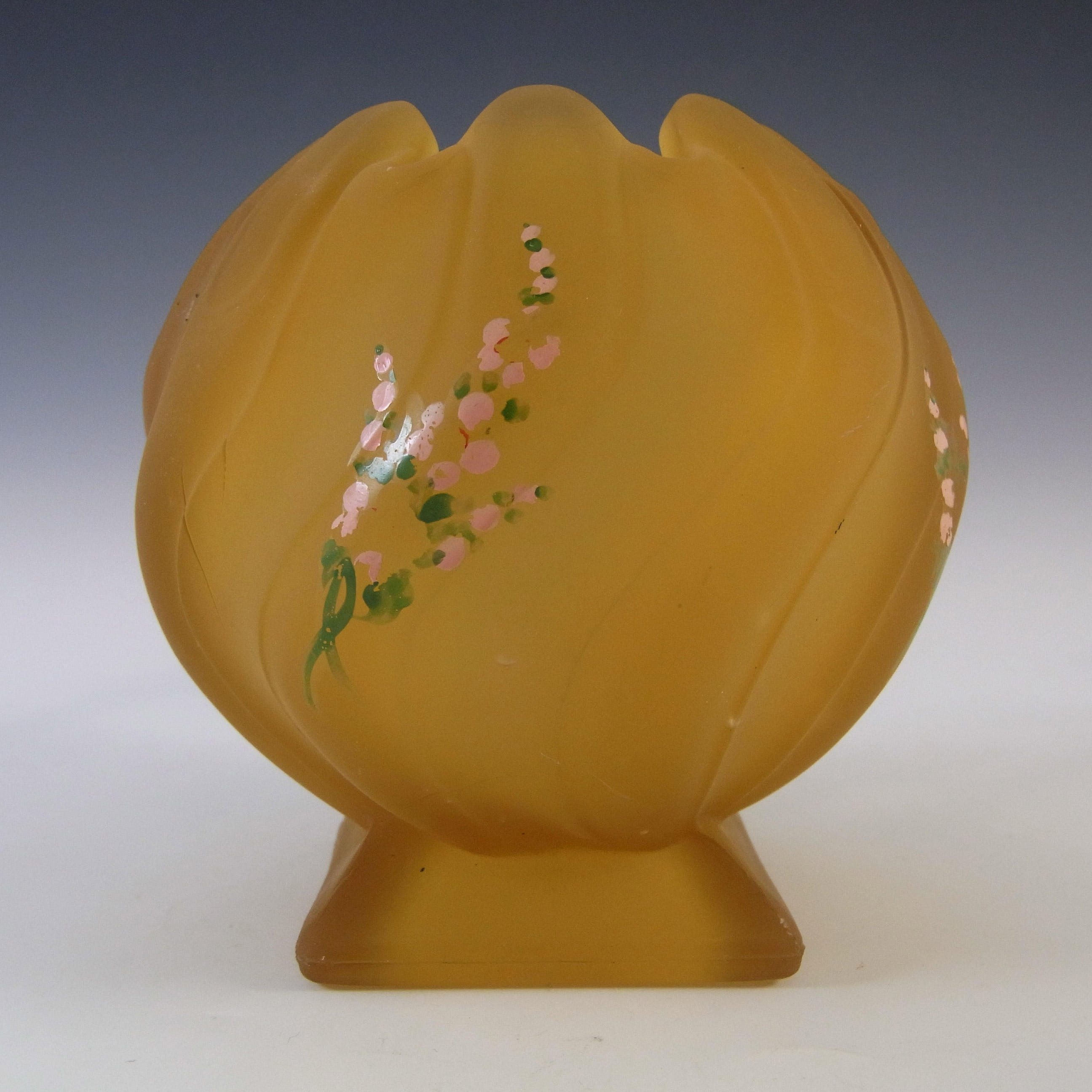 Bagley #3061 Pair of Art Deco Amber Glass 'Equinox' Posy Vases - Click Image to Close