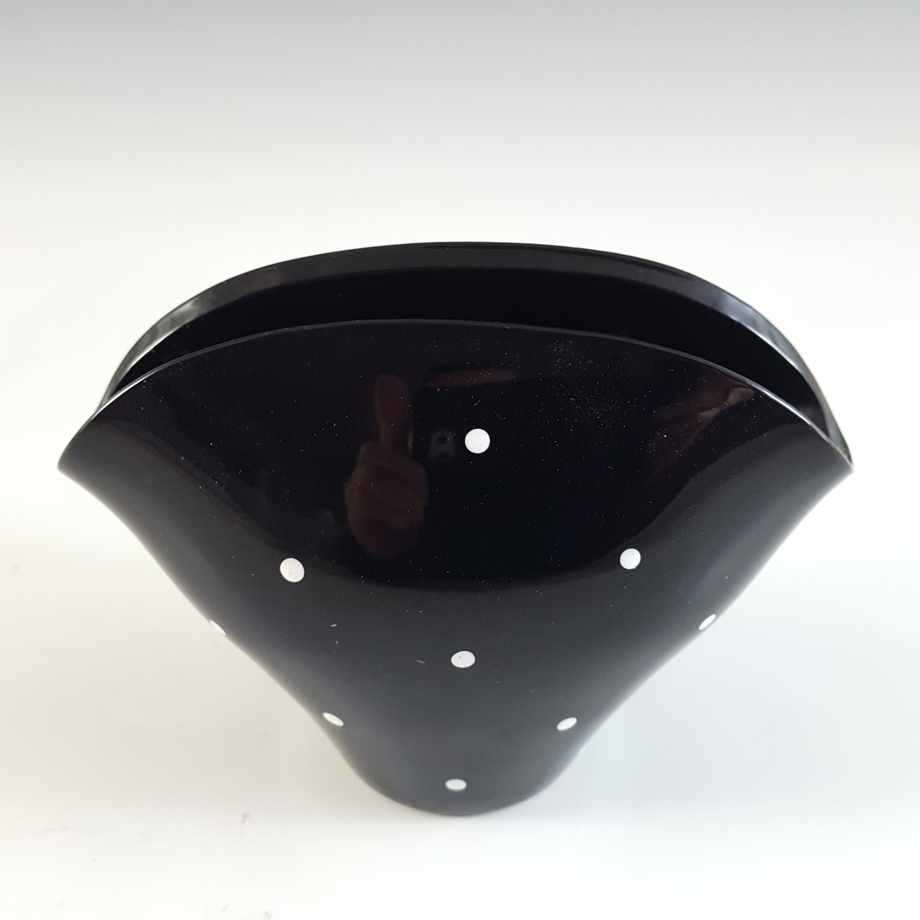 Bagley Vintage Art Deco Polkadot Black Glass 'Fantail' Posy Vase - Click Image to Close