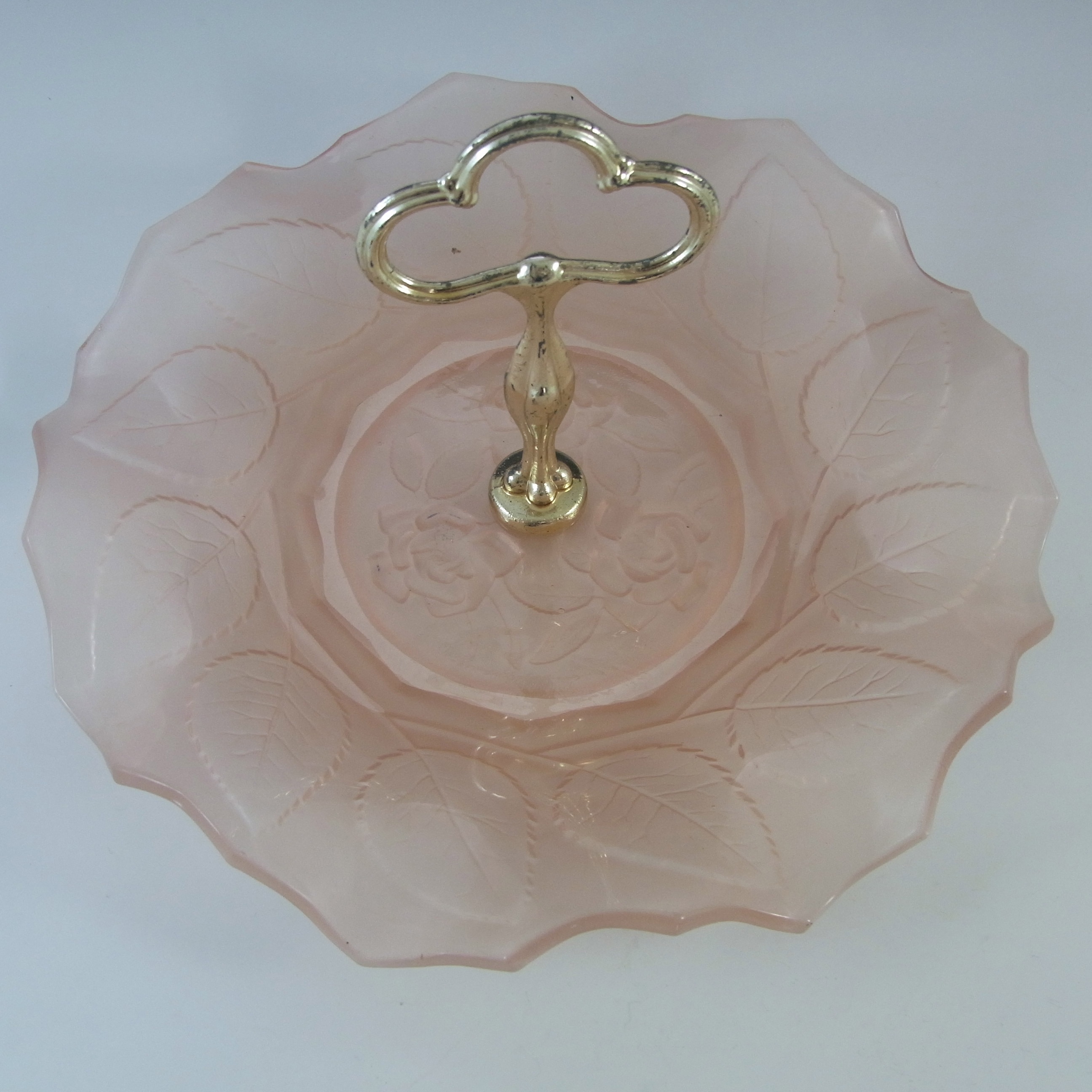 (image for) Bagley Art Deco Frosted Pink Glass 'Rose Leaf' Cake Stand - Click Image to Close