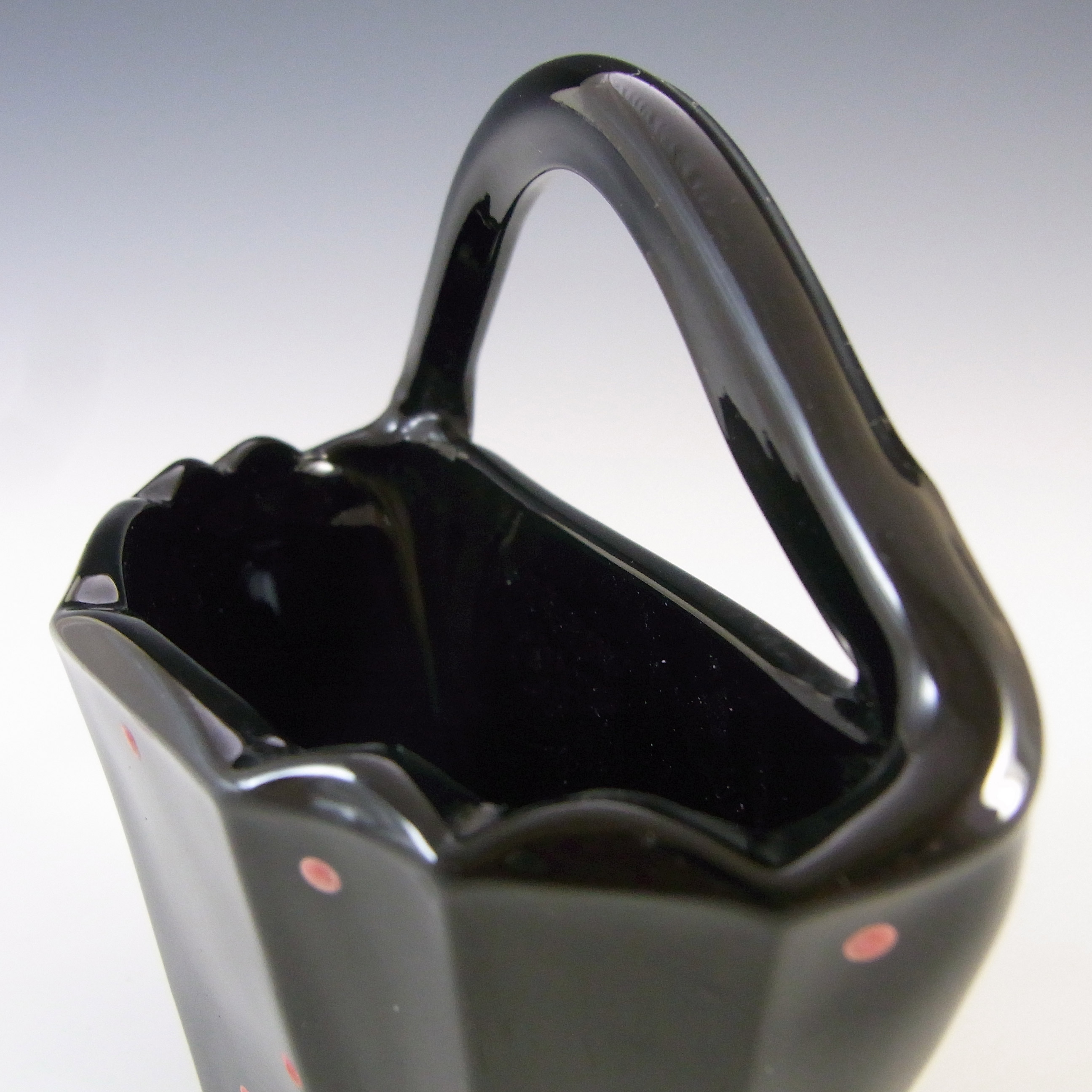 Bagley Art Deco Polkadot Black Glass 'Pattern 3193' Wall Vase - Click Image to Close