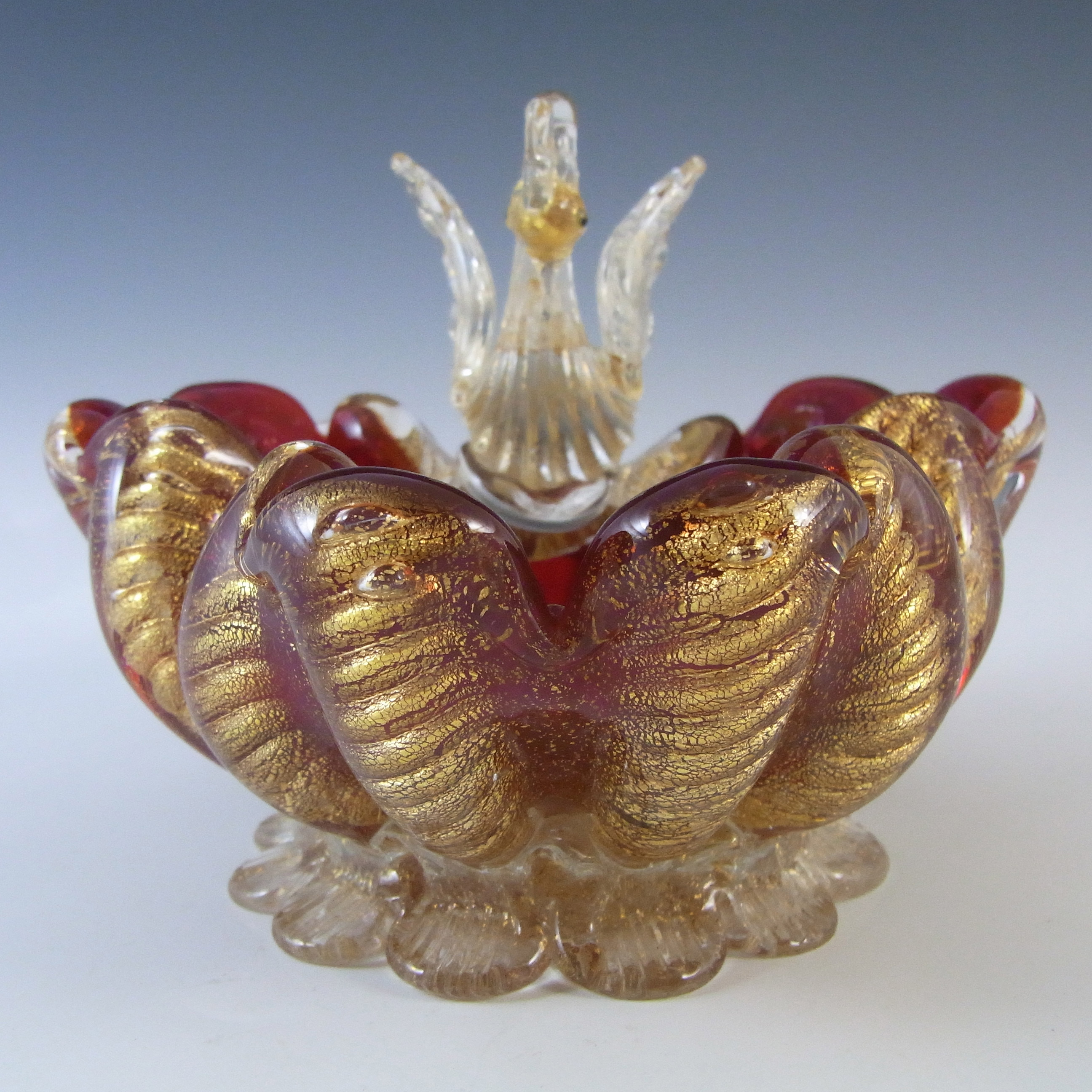(image for) Barovier & Toso Murano Cordonato Oro Gold Leaf Glass Swan Bowl - Click Image to Close