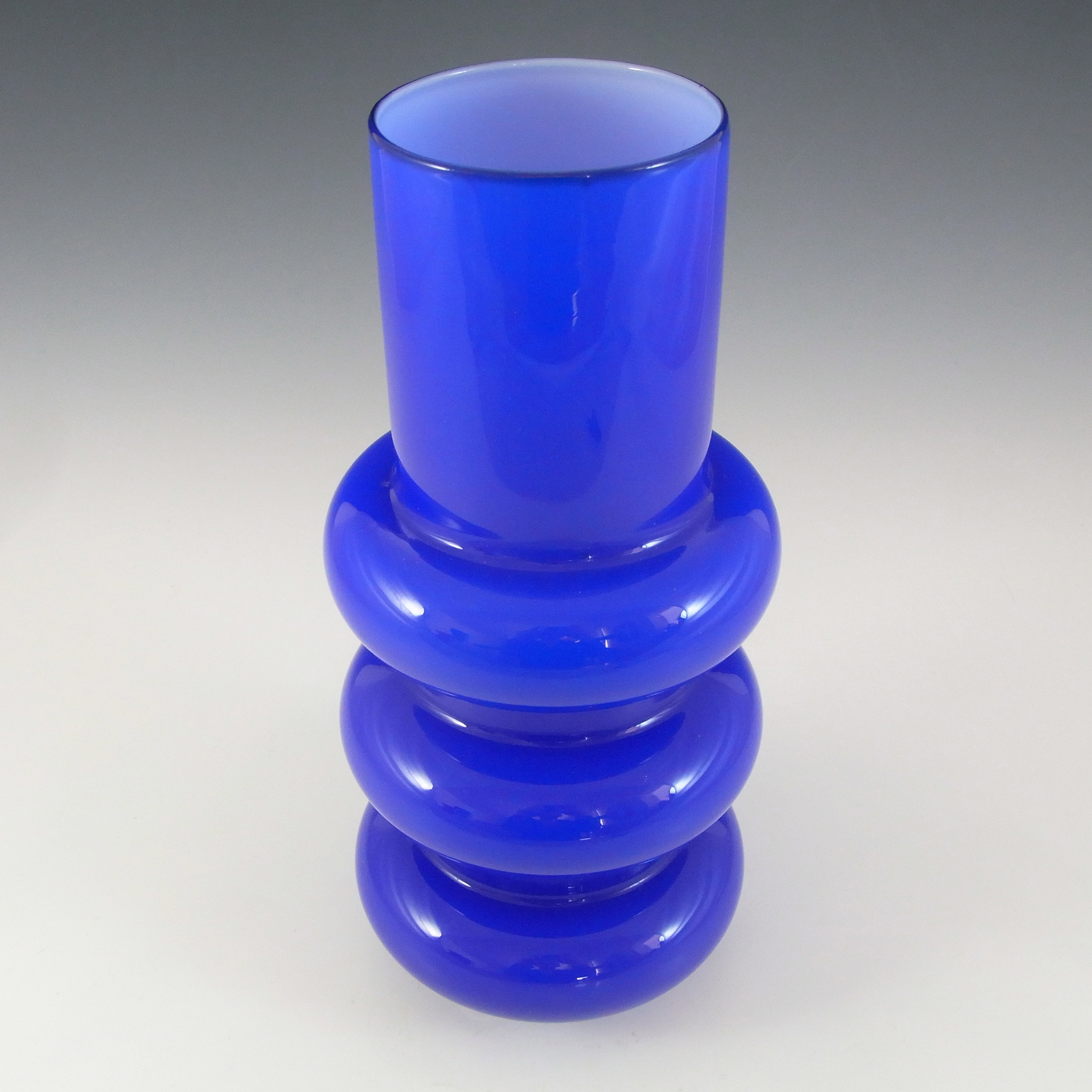 (image for) Ryd Glasbruk Swedish / Scandinavian Blue Glass Hooped 10" Vase - Click Image to Close