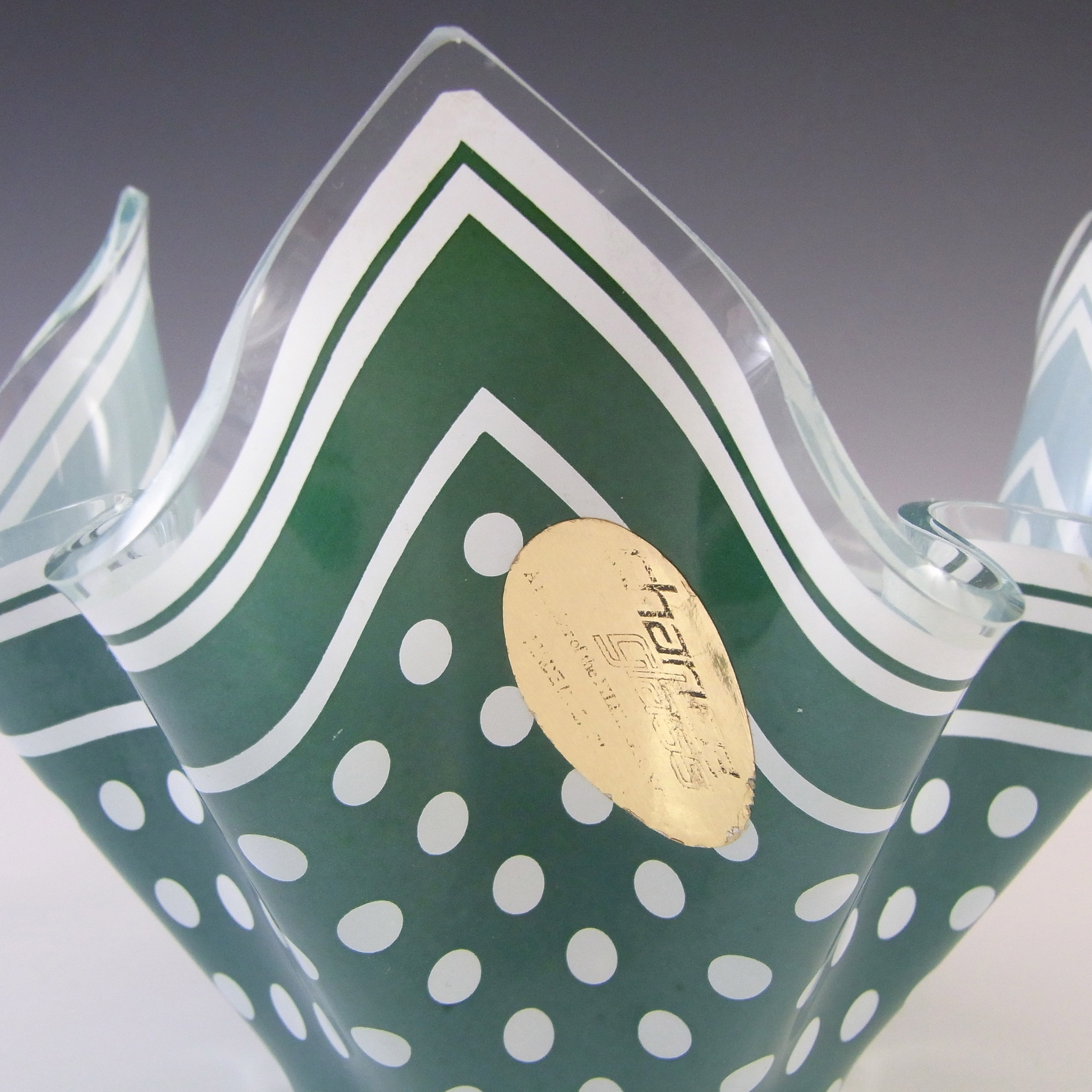 (image for) Chance Brothers Green Glass 'Polka-dot' Vintage Handkerchief Vase - Click Image to Close