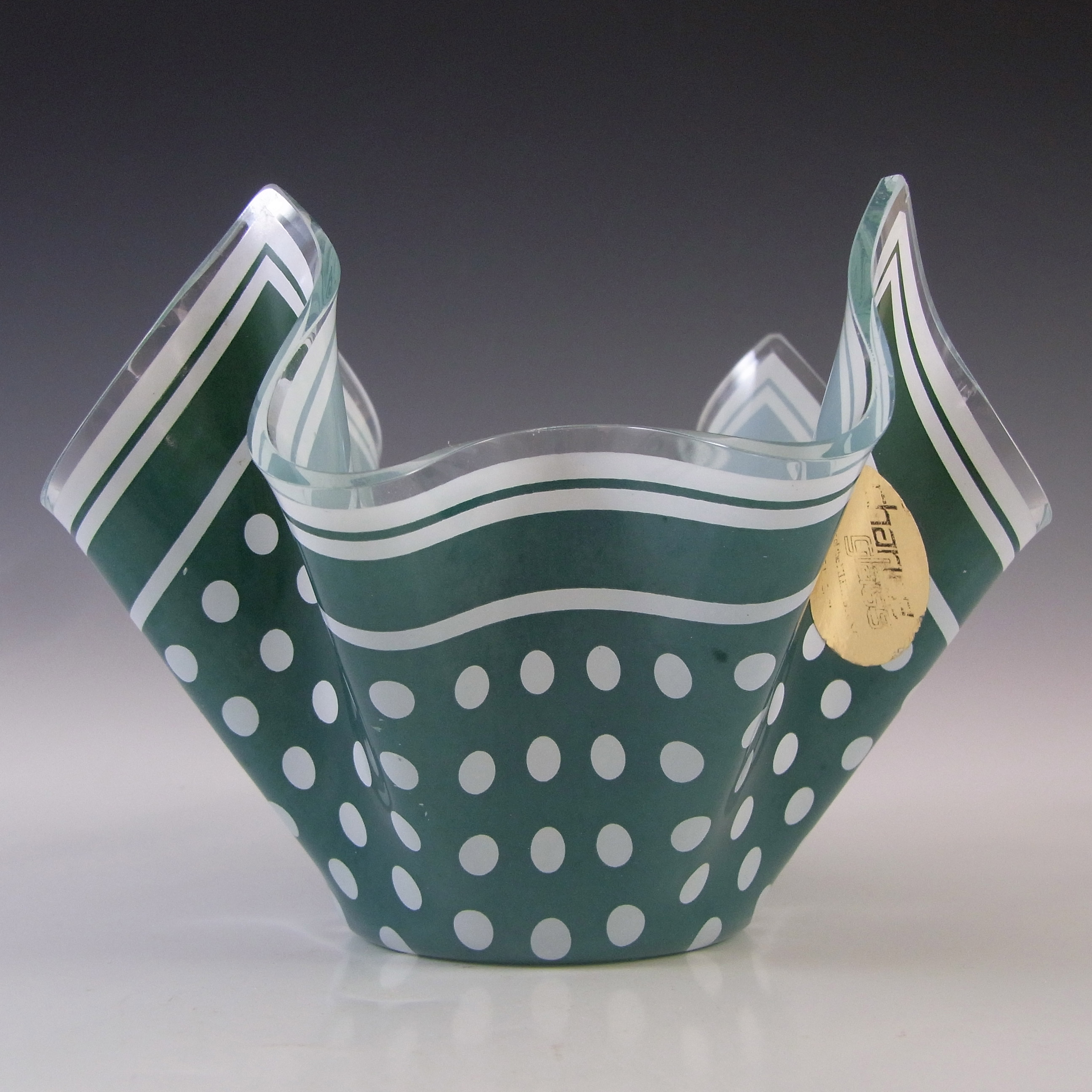 Chance Brothers Green Glass 'Polka-dot' Vintage Handkerchief Vase - Click Image to Close