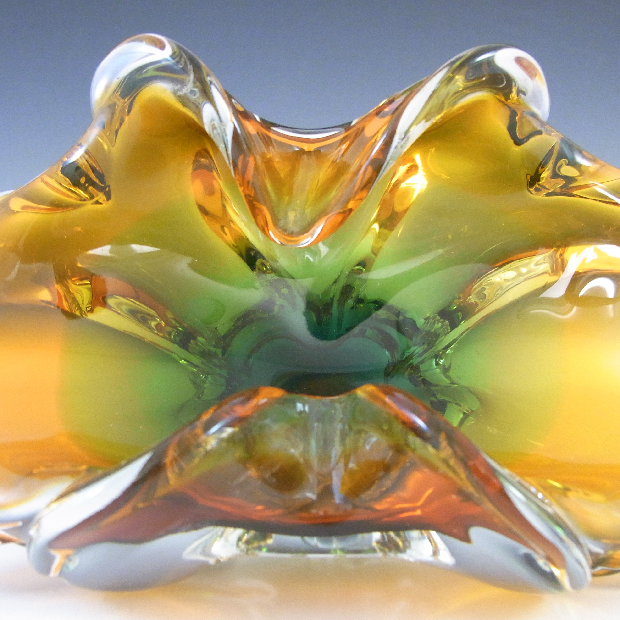 (image for) Chřibská Mid Century Czech Green & Orange Glass Bowl - Click Image to Close