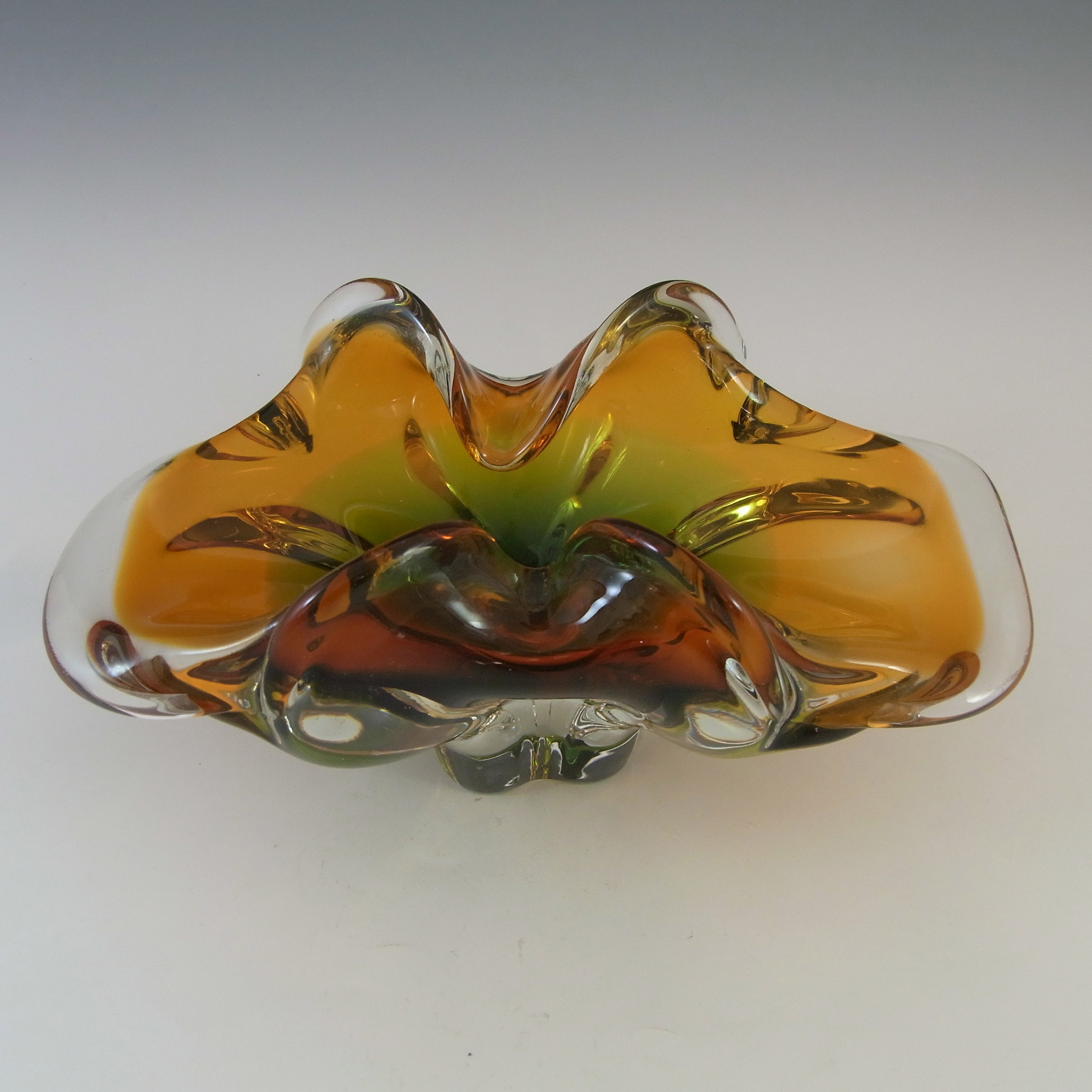 (image for) Chřibská Mid Century Czech Green & Orange Glass Bowl - Click Image to Close