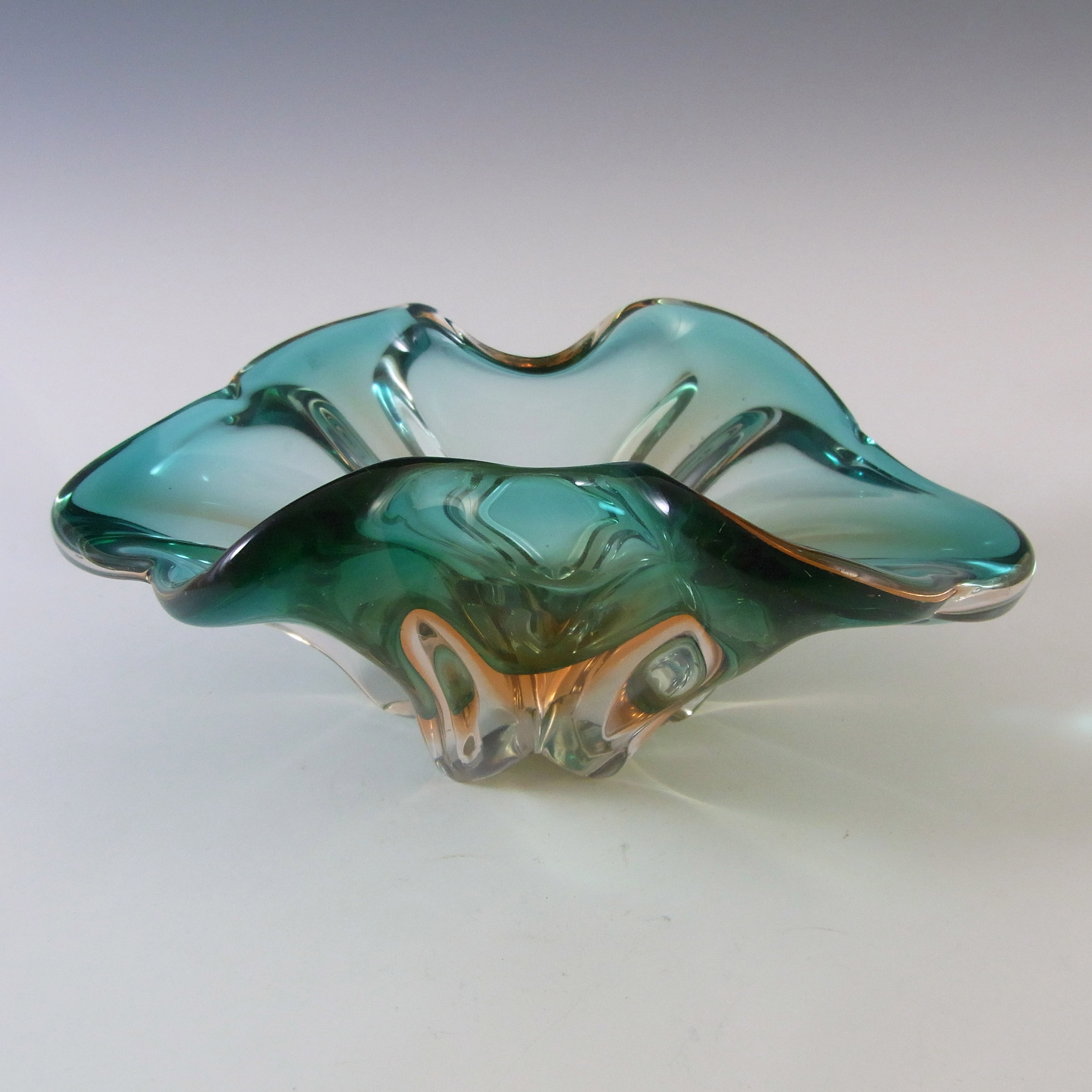 (image for) Cristallo Venezia Murano Green & Amber Sommerso Glass Sculpture Bowl - Click Image to Close