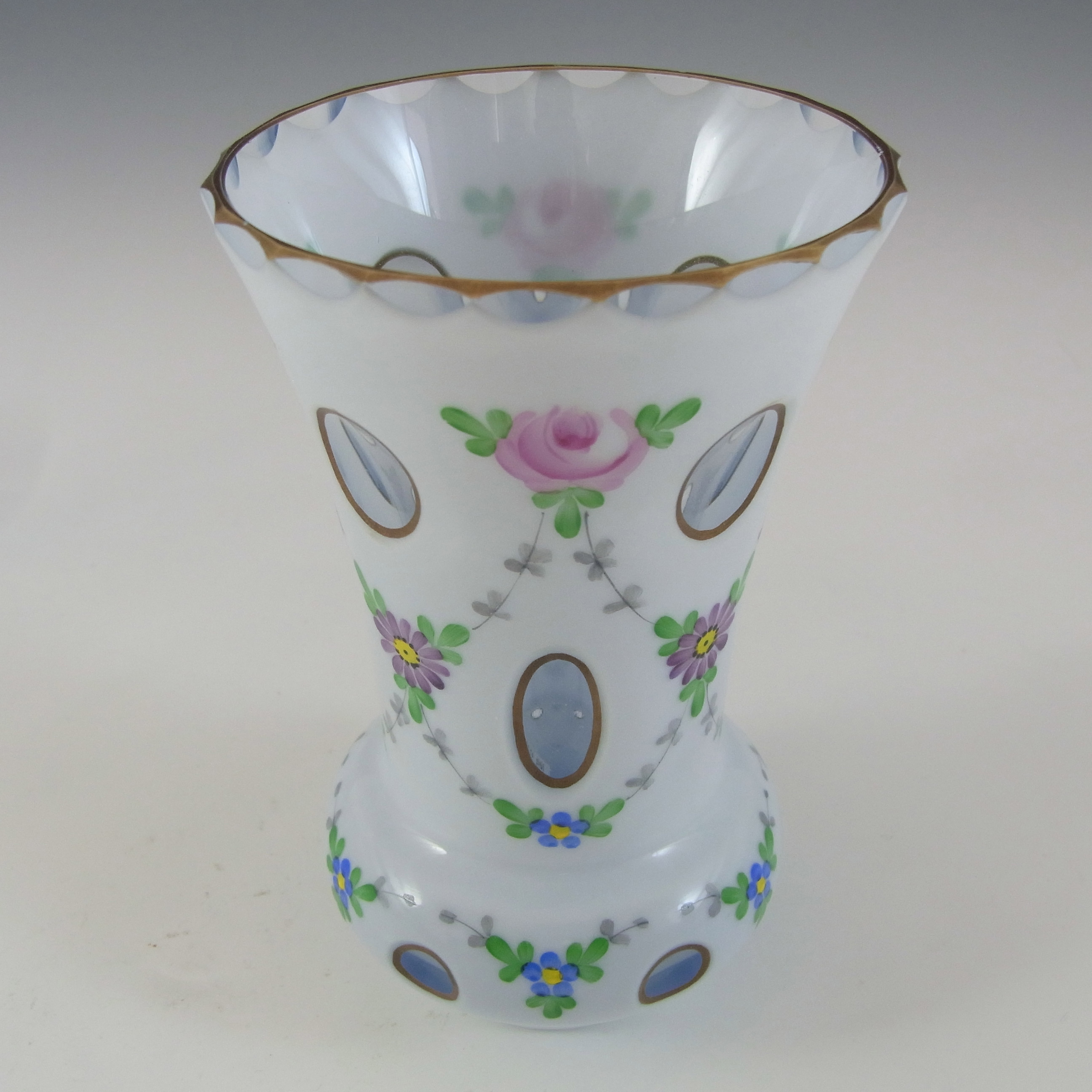 (image for) Crystalex Czech Enamelled Lilac & White Overlay / Cut Glass Vase - Click Image to Close