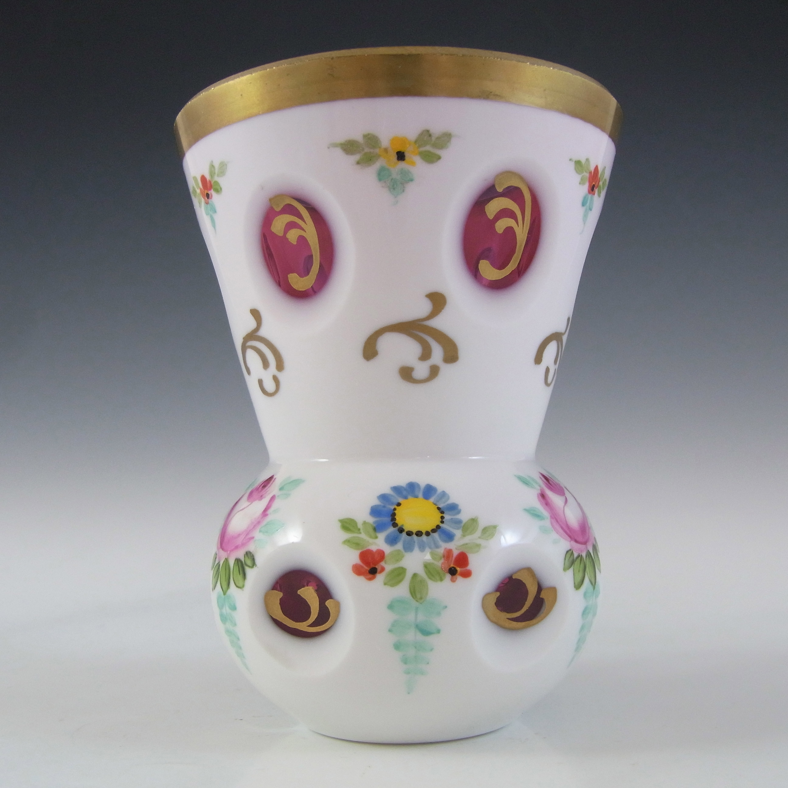 Crystalex Czech Enamelled Pink & White Overlay / Cut Glass Vase - Click Image to Close