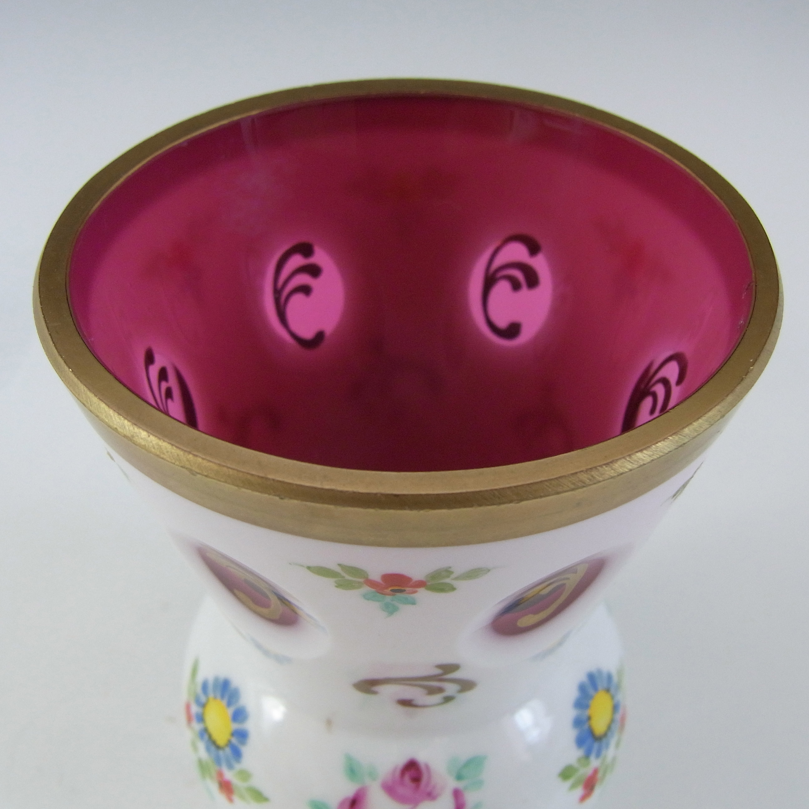 Crystalex Czech Enamelled Pink & White Overlay / Cut Glass Vase - Click Image to Close