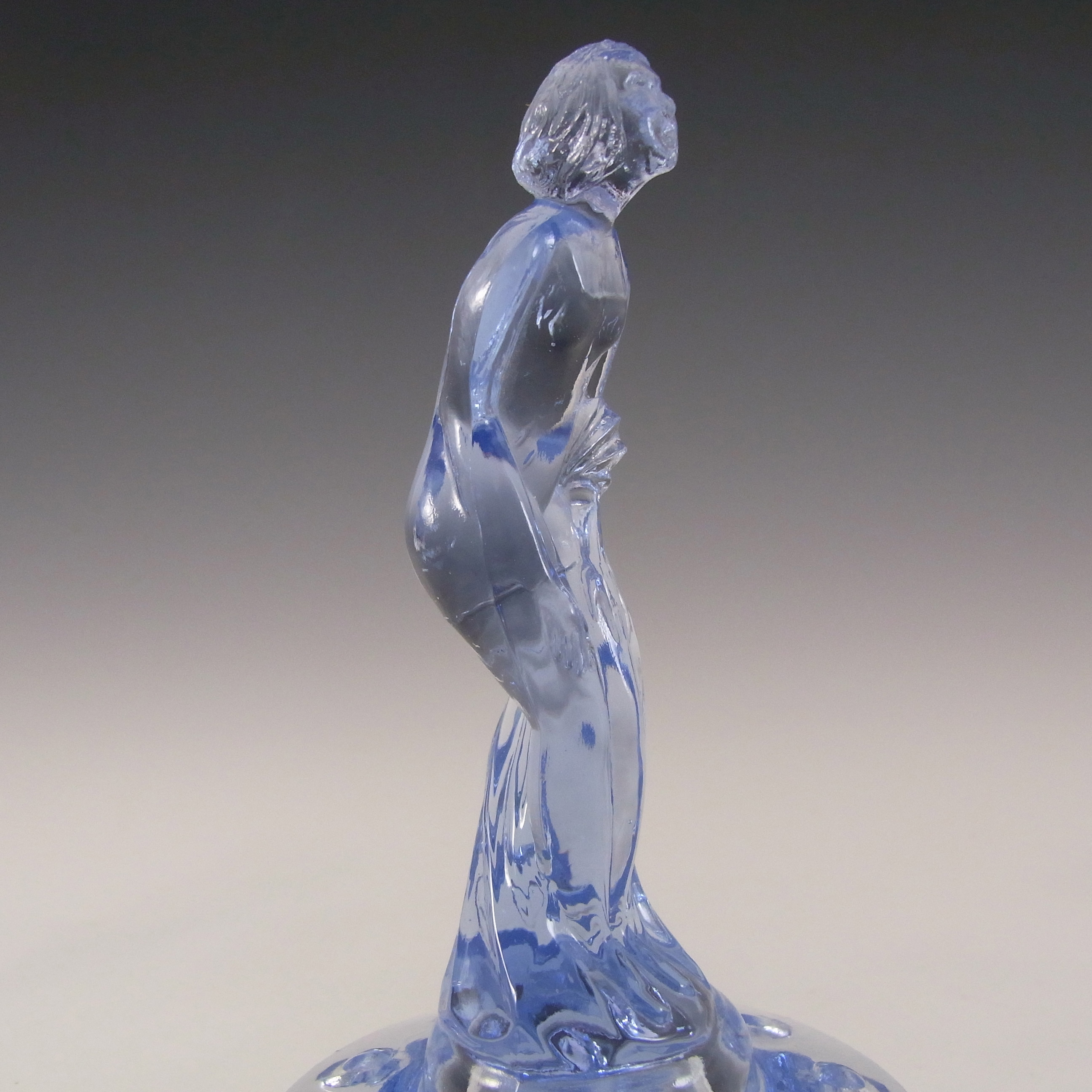 Müller & Co 'September Morn' Art Deco Blue Glass Lady Figurine - Click Image to Close