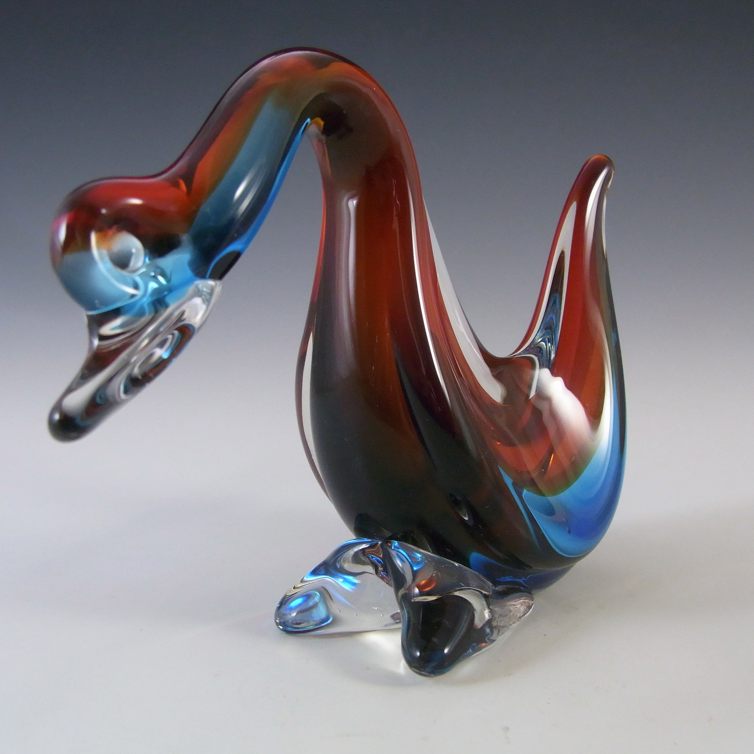 Murano Red & Blue Sommerso Glass Duck or Swan Sculpture - Click Image to Close