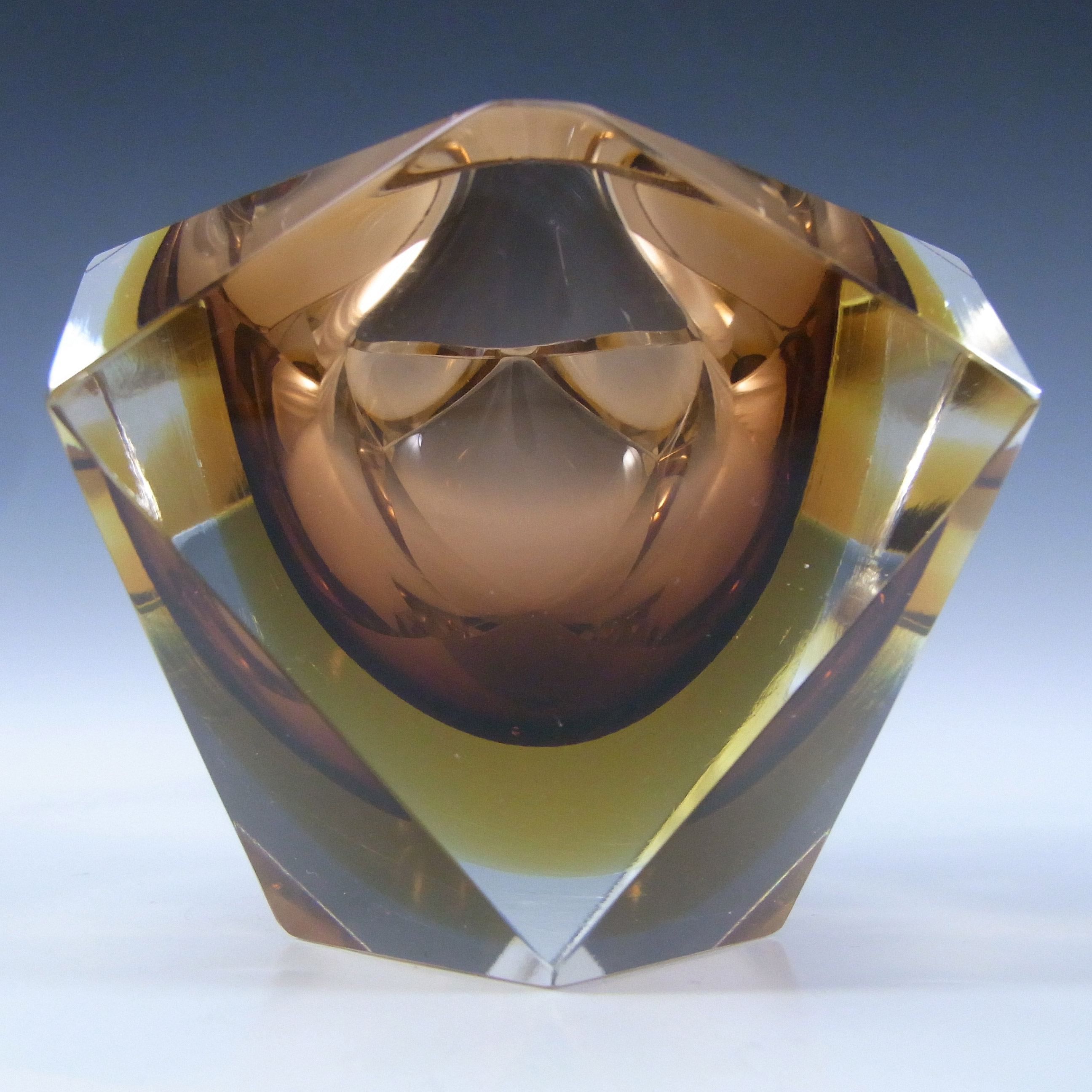 Murano Faceted Brown & Amber Sommerso Glass Vintage Block Bowl - Click Image to Close