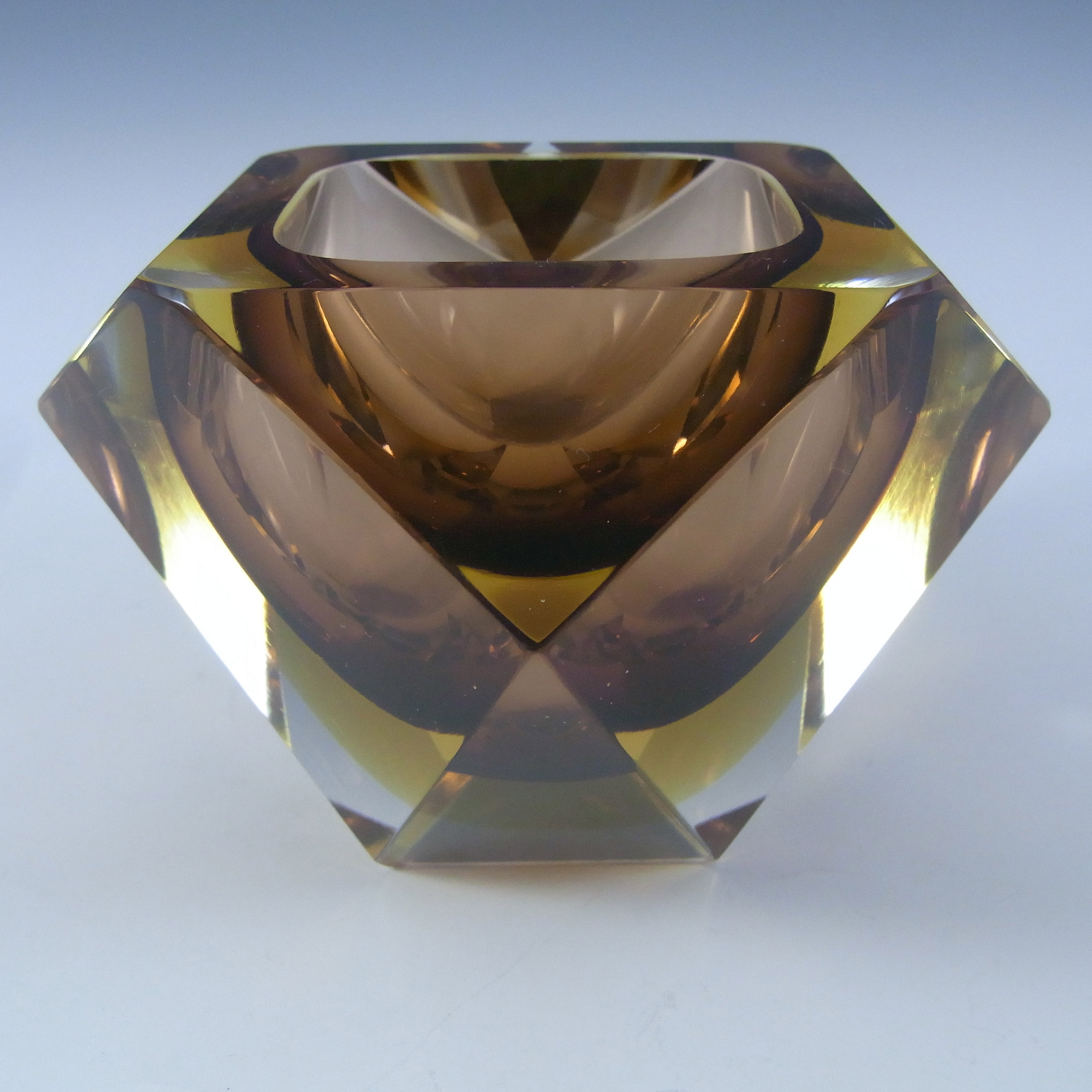 Murano Faceted Brown & Amber Sommerso Glass Vintage Block Bowl - Click Image to Close