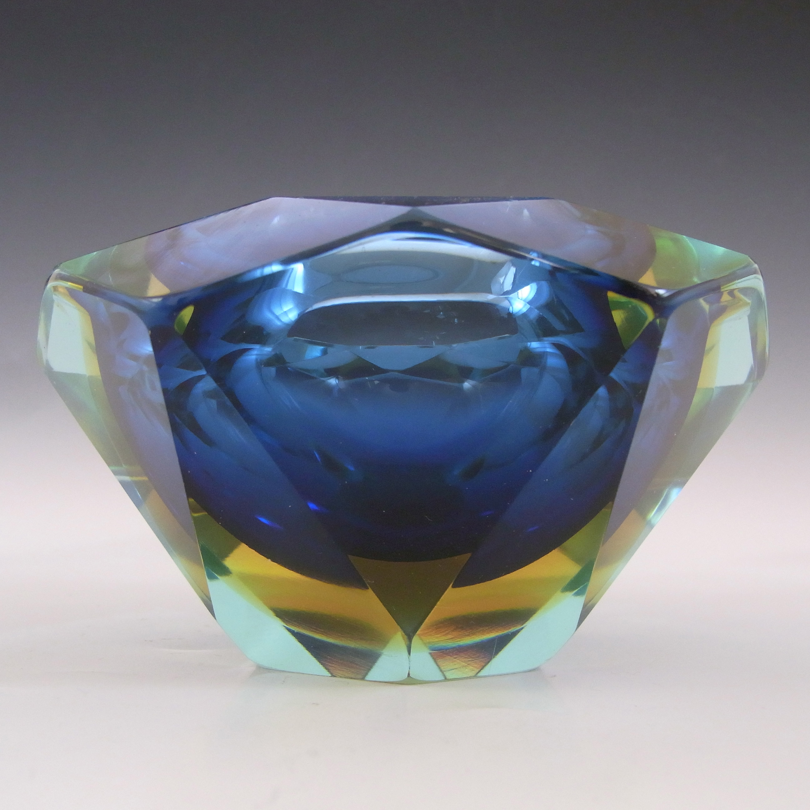 Murano Faceted Blue & Amber Sommerso Glass Vintage Block Bowl - Click Image to Close