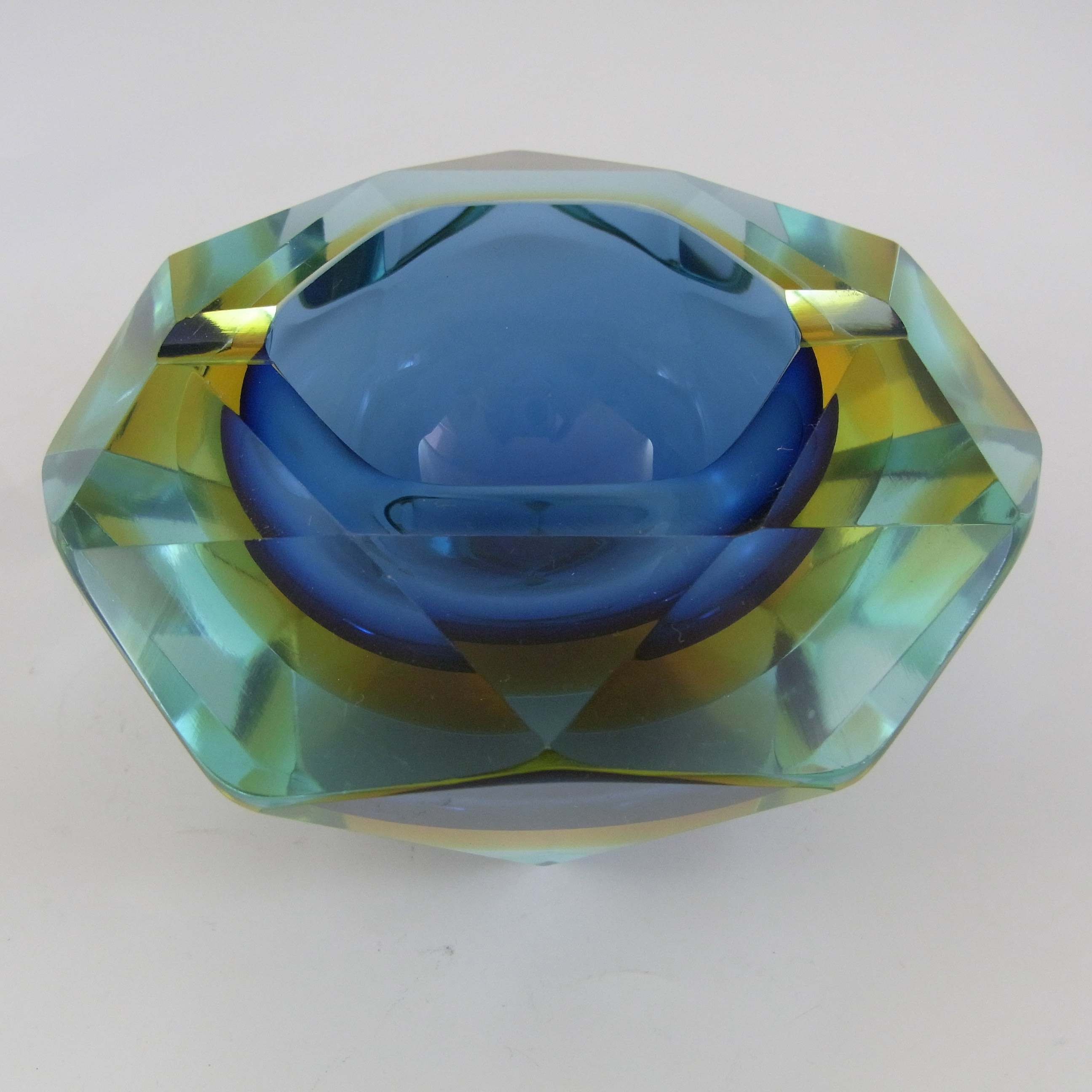 Murano Faceted Blue & Amber Sommerso Glass Vintage Block Bowl - Click Image to Close