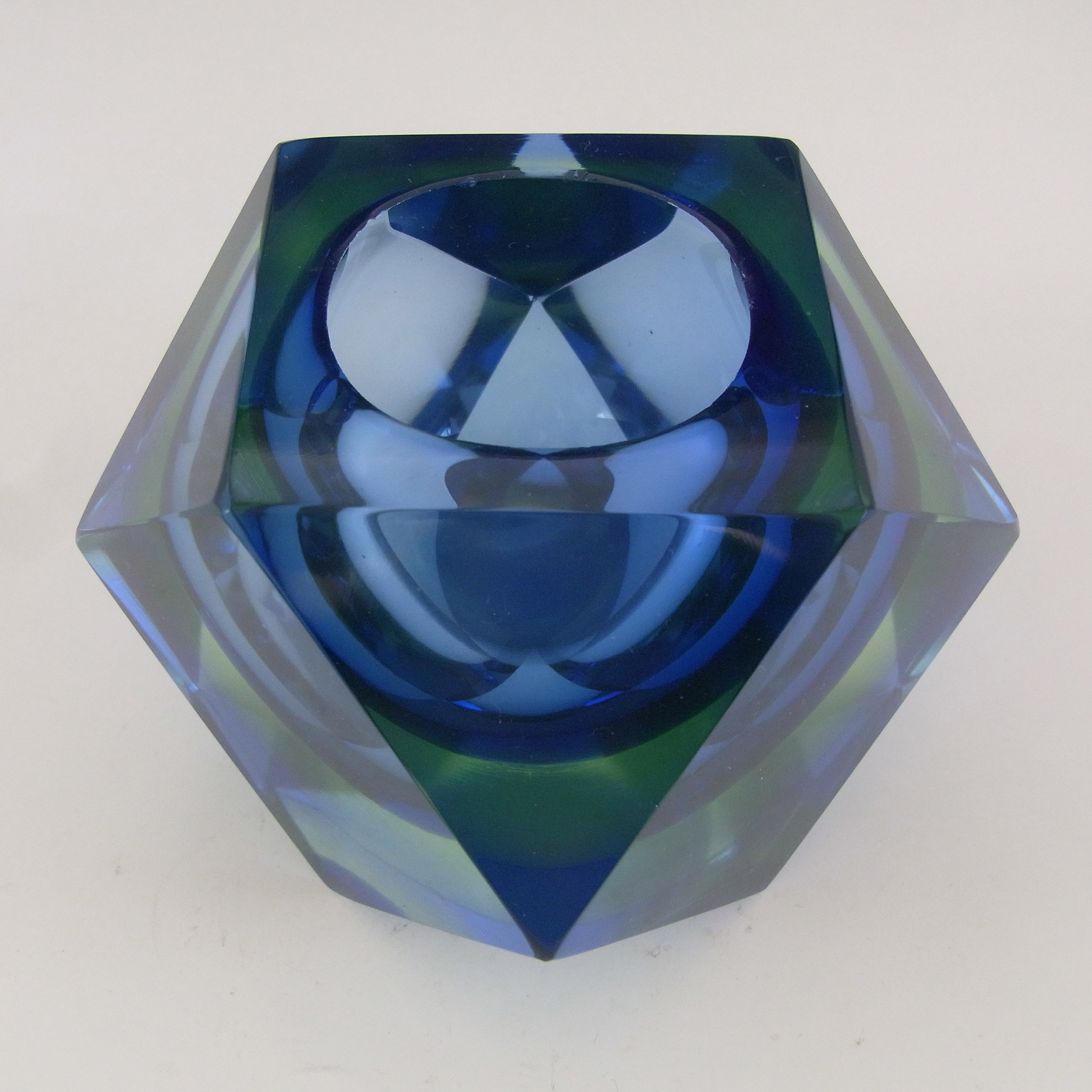 (image for) Murano Faceted Blue & Uranium Green Sommerso Glass Block Bowl - Click Image to Close