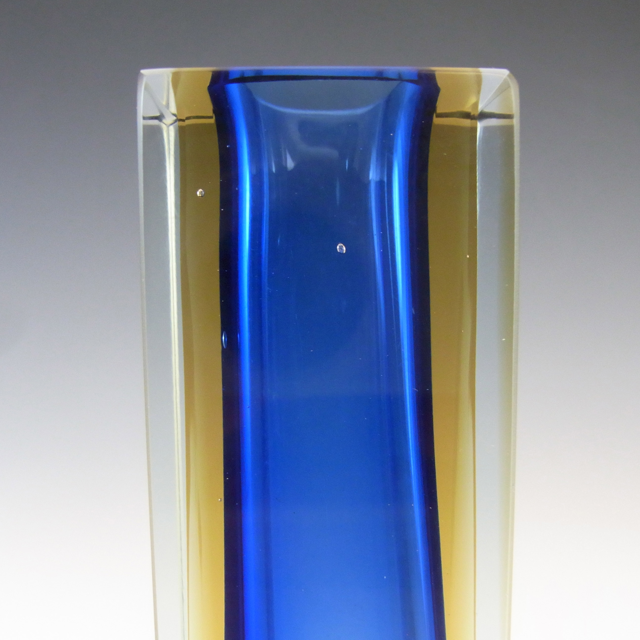 Murano Faceted Blue & Amber Sommerso Glass Vintage Block Vase - Click Image to Close