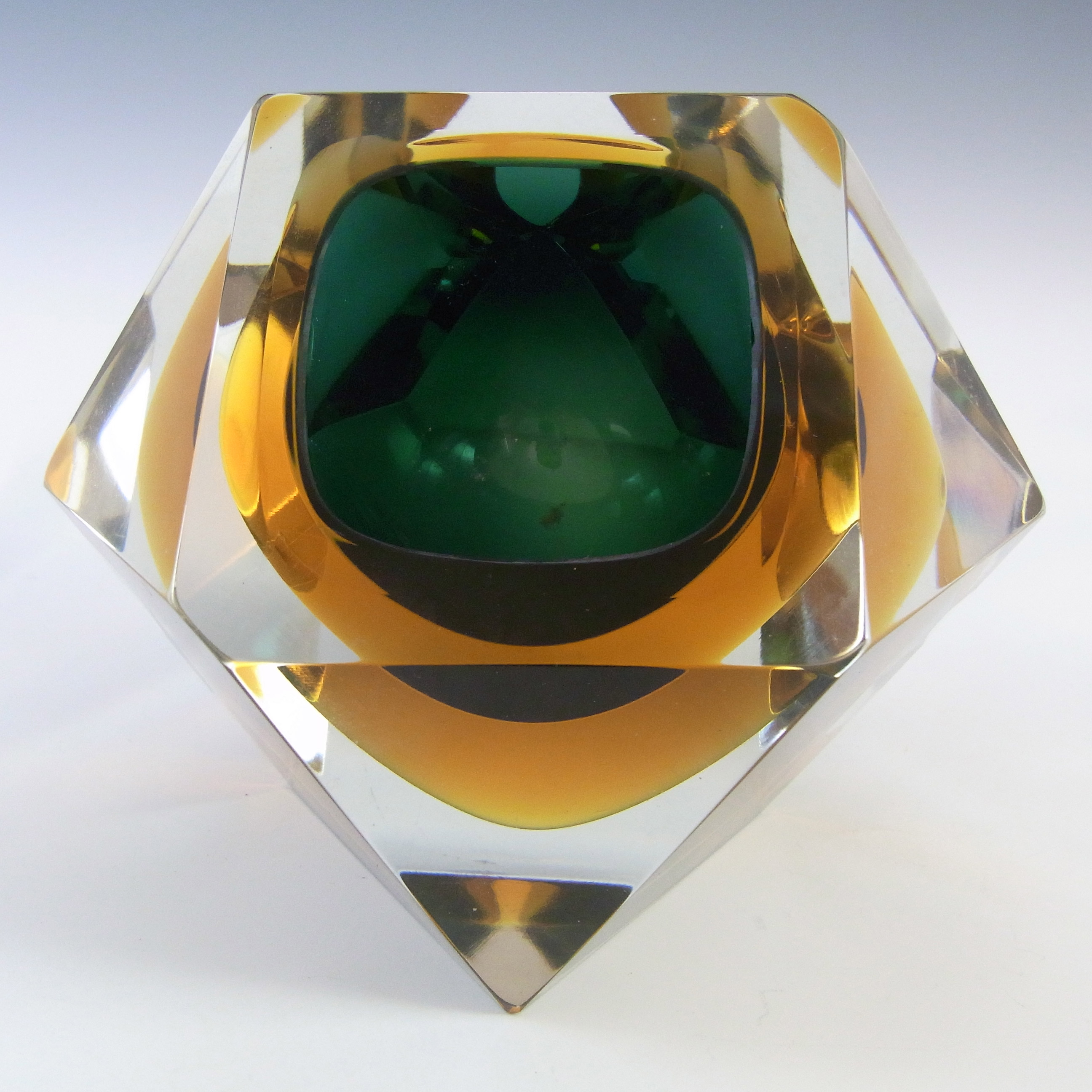 (image for) Murano Faceted Dark Green & Amber Sommerso Glass Block Bowl - Click Image to Close
