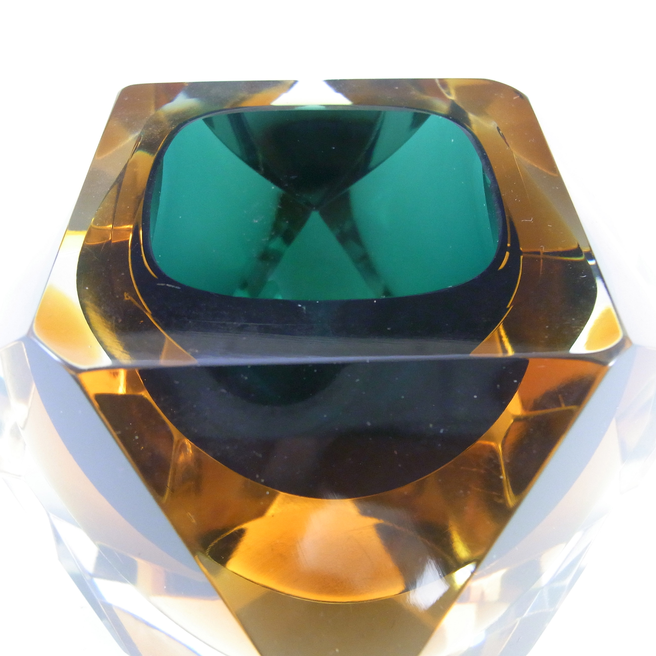 Murano Faceted Dark Green & Amber Sommerso Glass Block Bowl - Click Image to Close