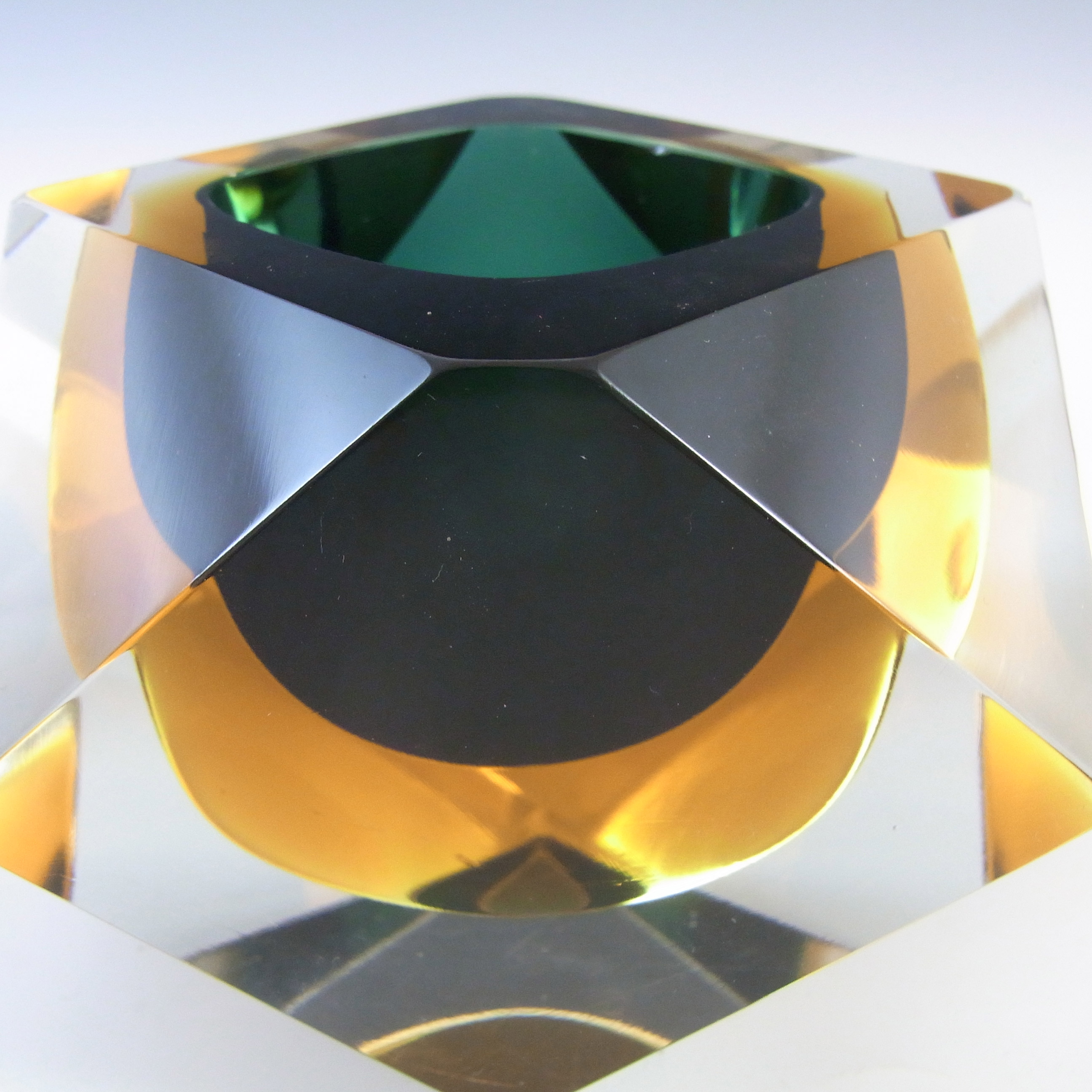 (image for) Murano Faceted Dark Green & Amber Sommerso Glass Block Bowl - Click Image to Close