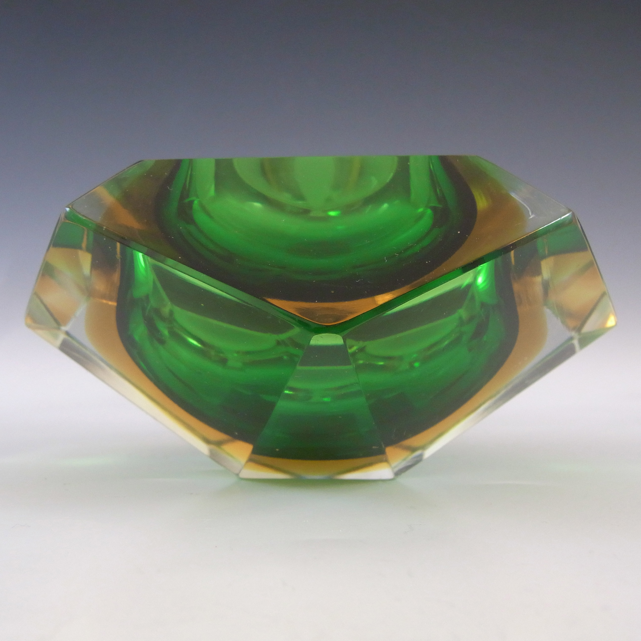 Murano Faceted Green & Amber Sommerso Glass Vintage Block Bowl - Click Image to Close