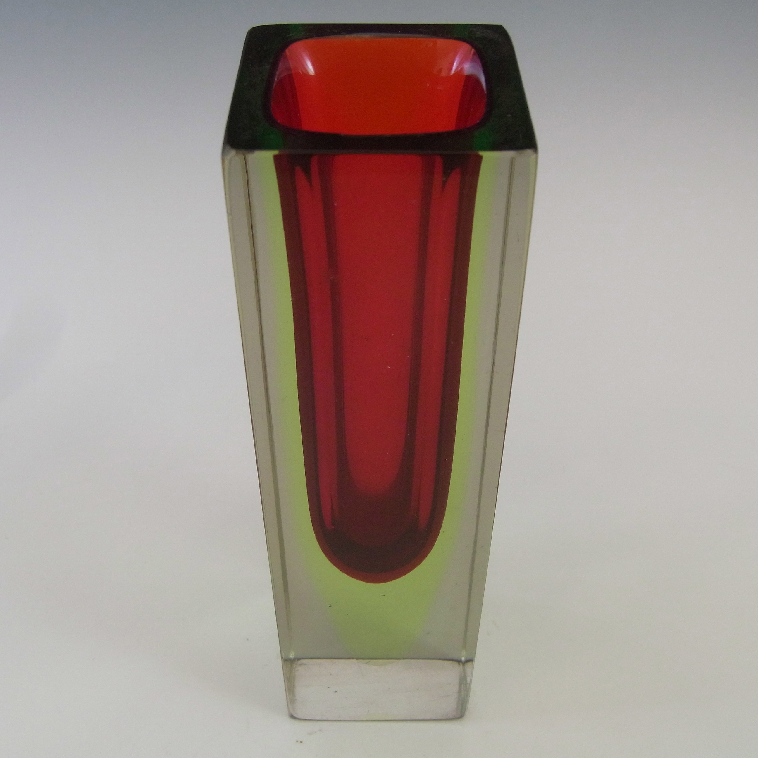 (image for) Murano Faceted Red & Uranium Green Sommerso Glass Block Vase - Click Image to Close