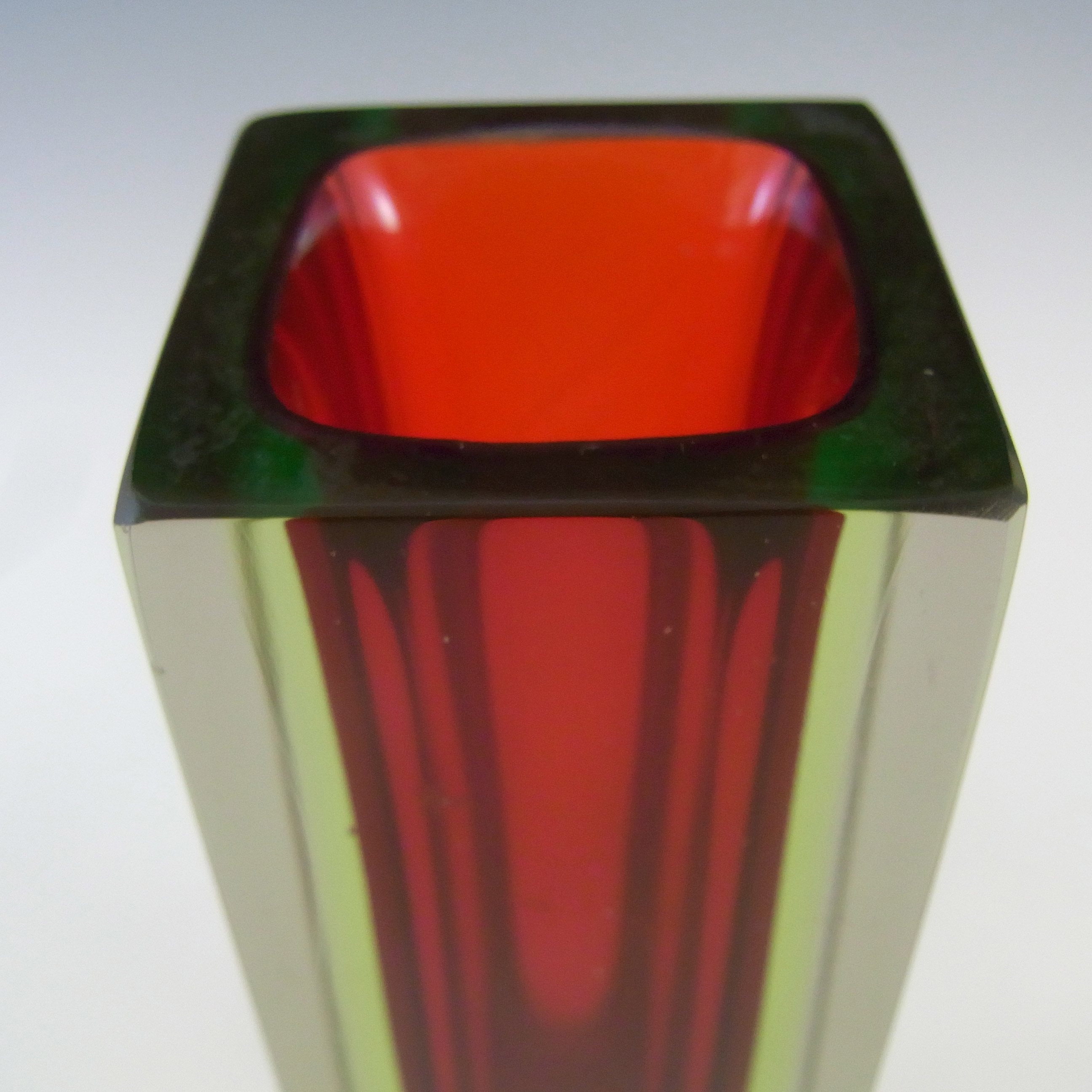 (image for) Murano Faceted Red & Uranium Green Sommerso Glass Block Vase - Click Image to Close