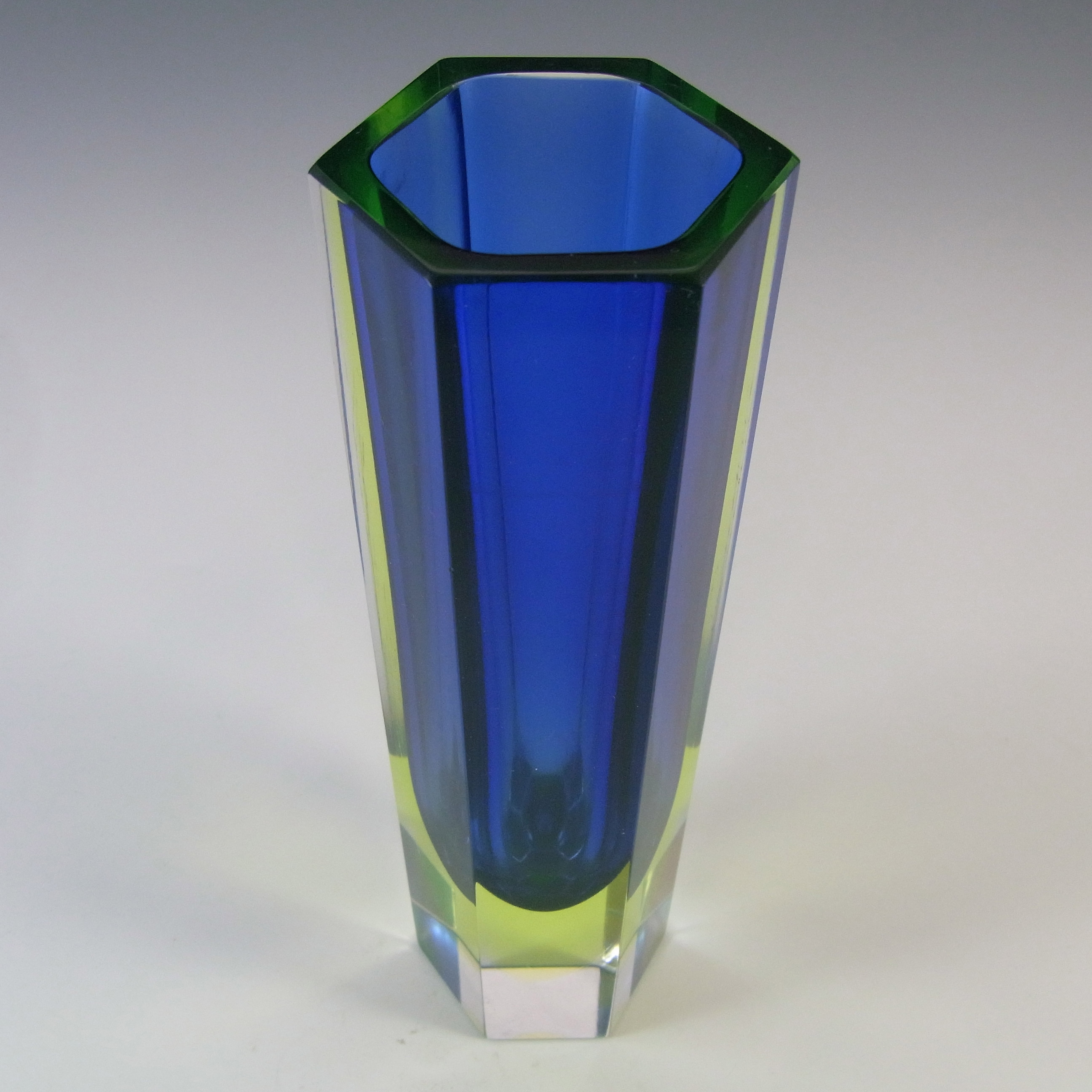(image for) Murano Faceted Blue & Uranium Green Sommerso Glass Block Vase - Click Image to Close