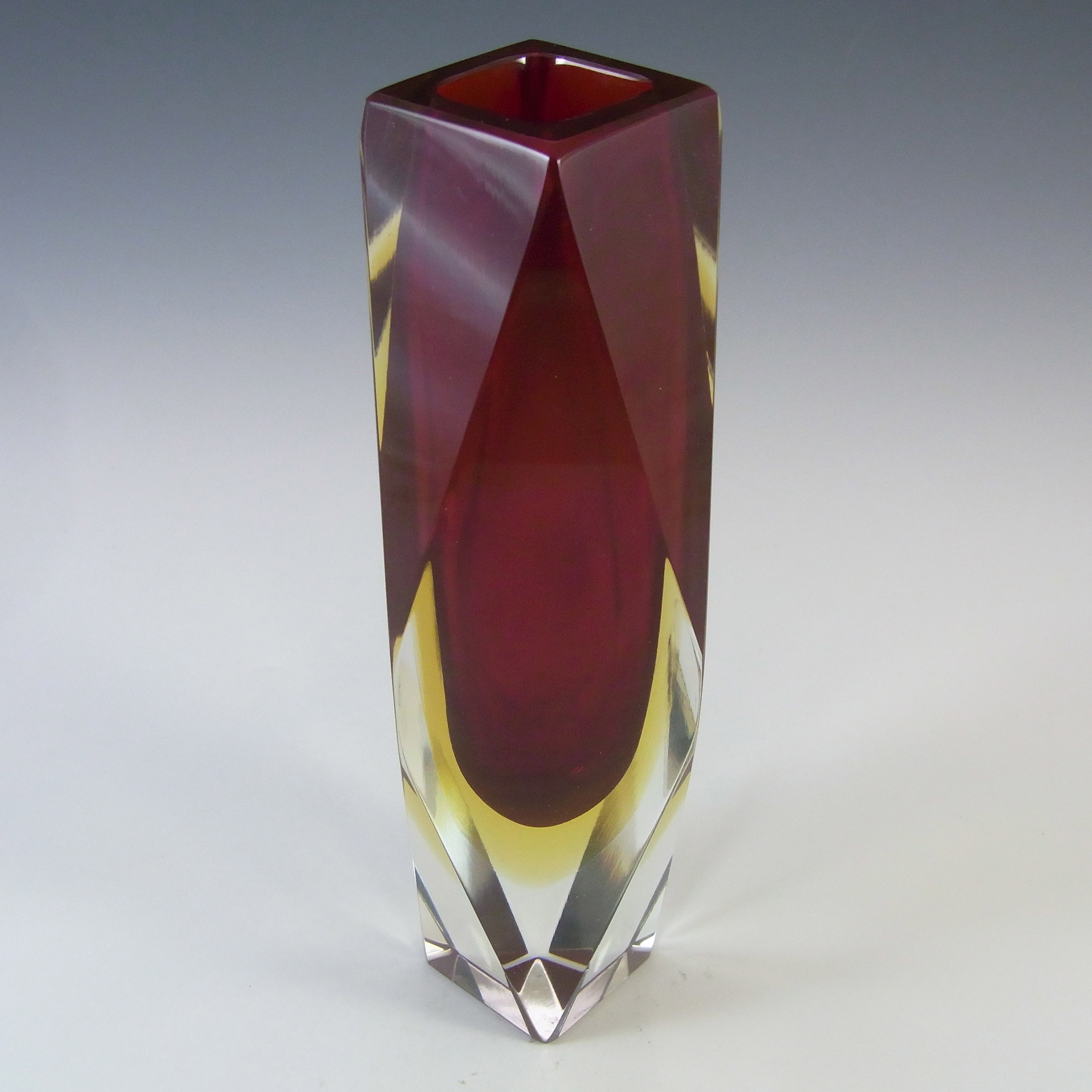 (image for) Murano Faceted Red & Amber Sommerso Glass 8 Inch Block Vase - Click Image to Close