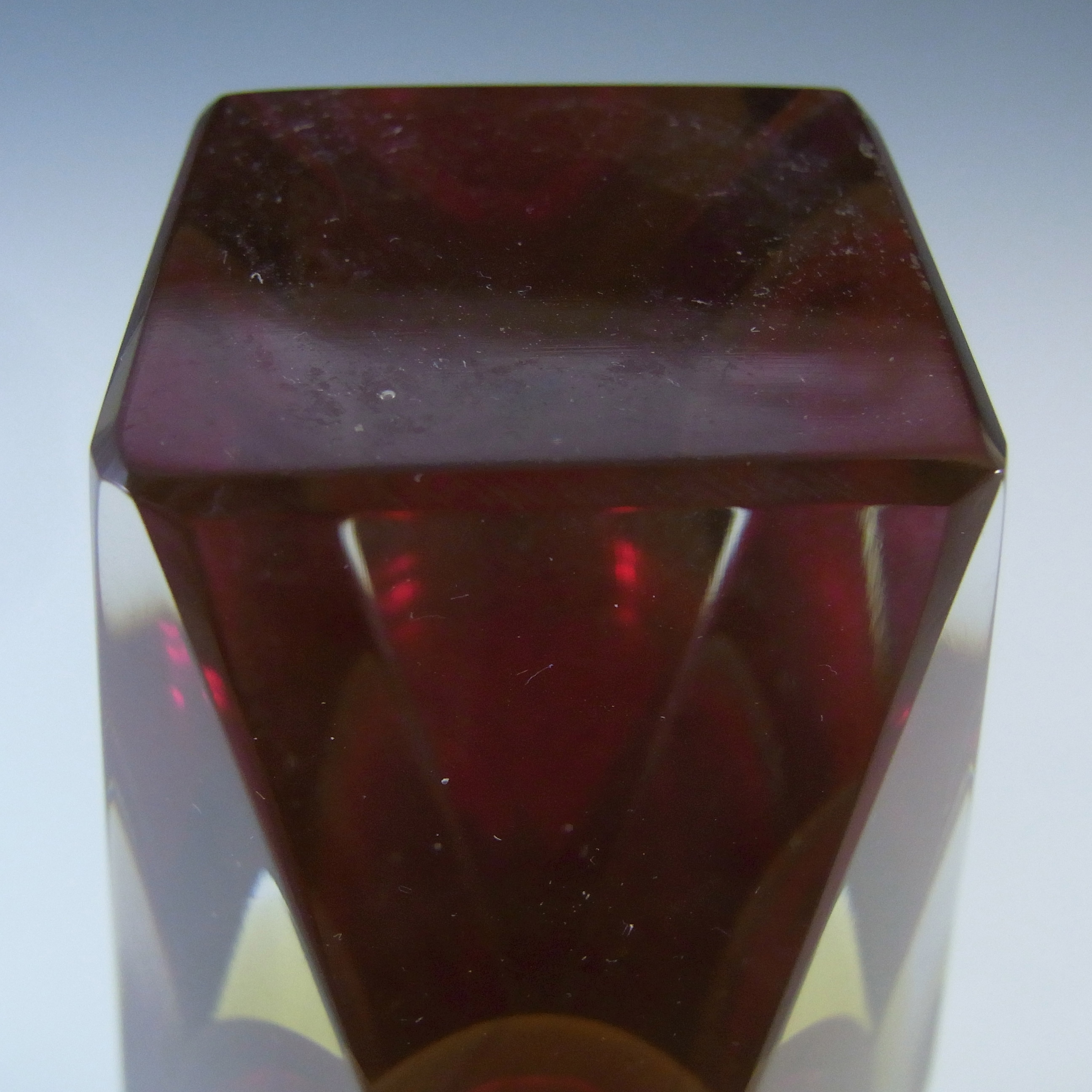 Murano Faceted Red & Amber Sommerso Glass 8 Inch Block Vase - Click Image to Close