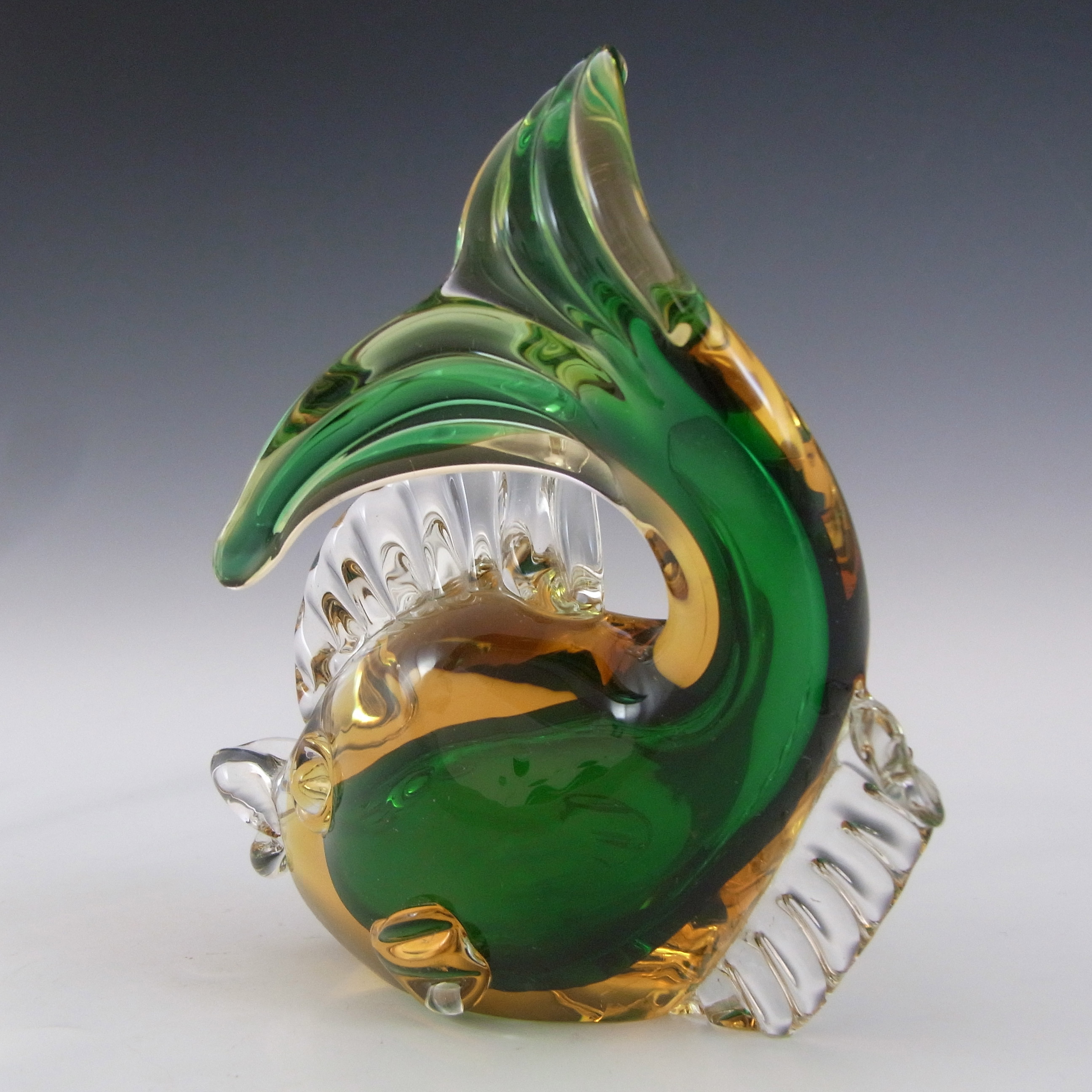 (image for) Artistica Murano CCC or Oball Green & Amber Sommerso Glass Fish Sculpture - Click Image to Close